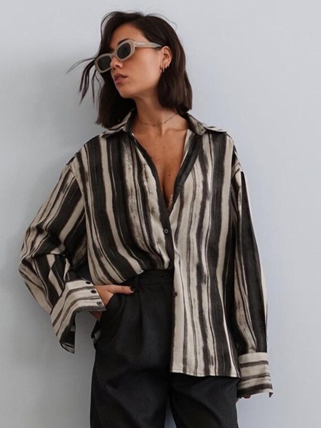 

JC Mode Opaque Striped Casual Shirt, Black
