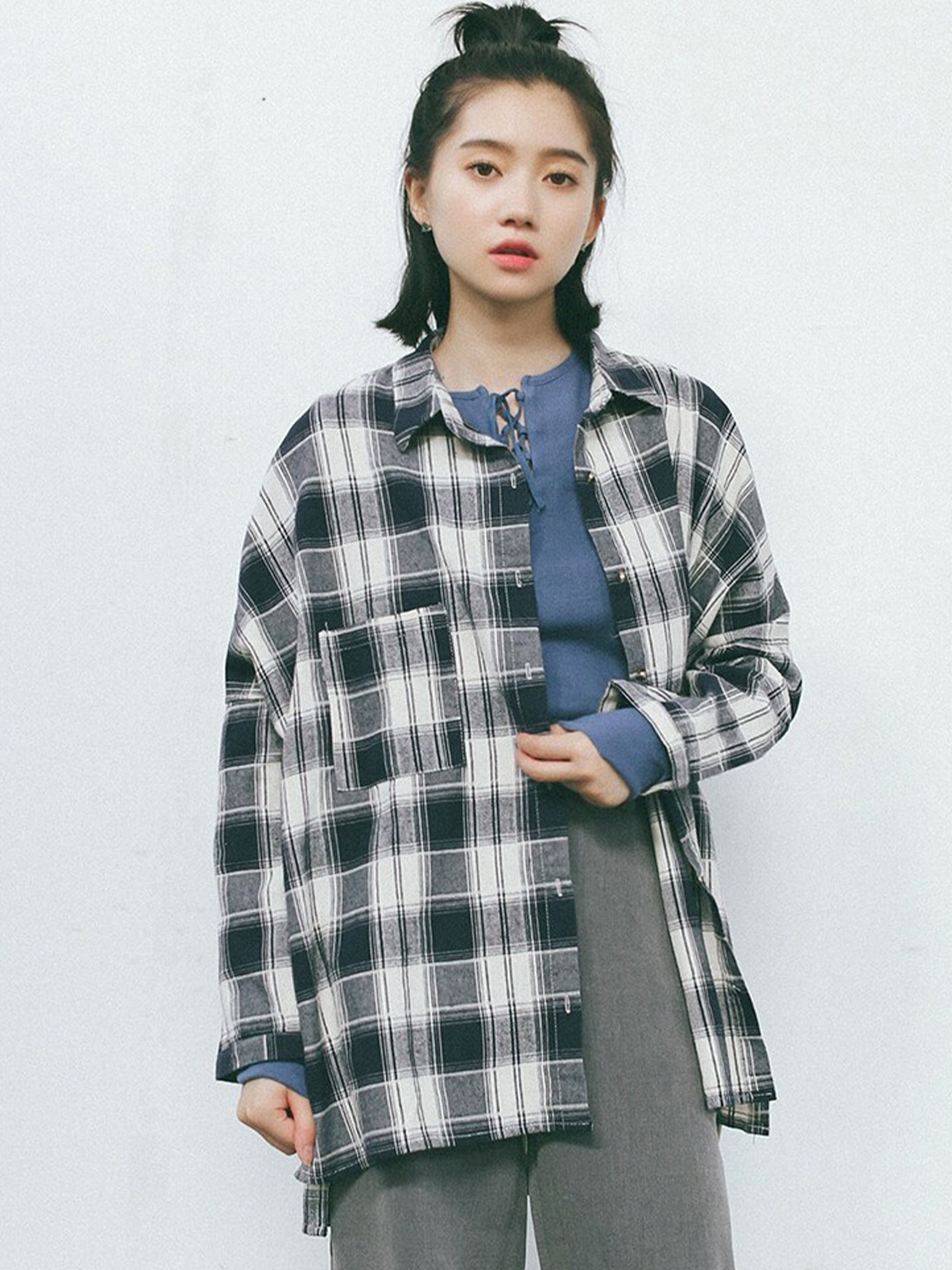 

JC Mode Spread Collar Tartan Checks Opaque Casual Shirt, Black