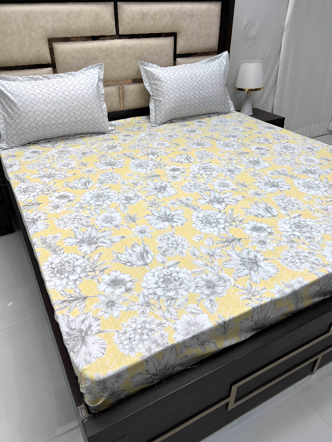 

Pure Decor Yellow & Grey Floral 300 TC Cotton King Bedsheet with 2 Pillow Covers