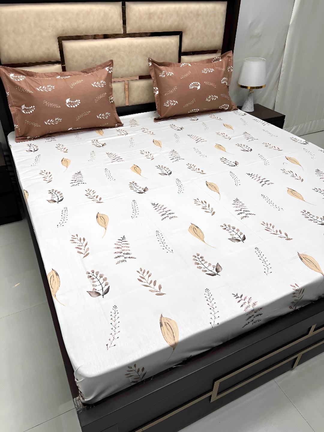 

Pure Decor White & Brown Floral 300 TC Cotton King Bedsheet with 2 Pillow Covers
