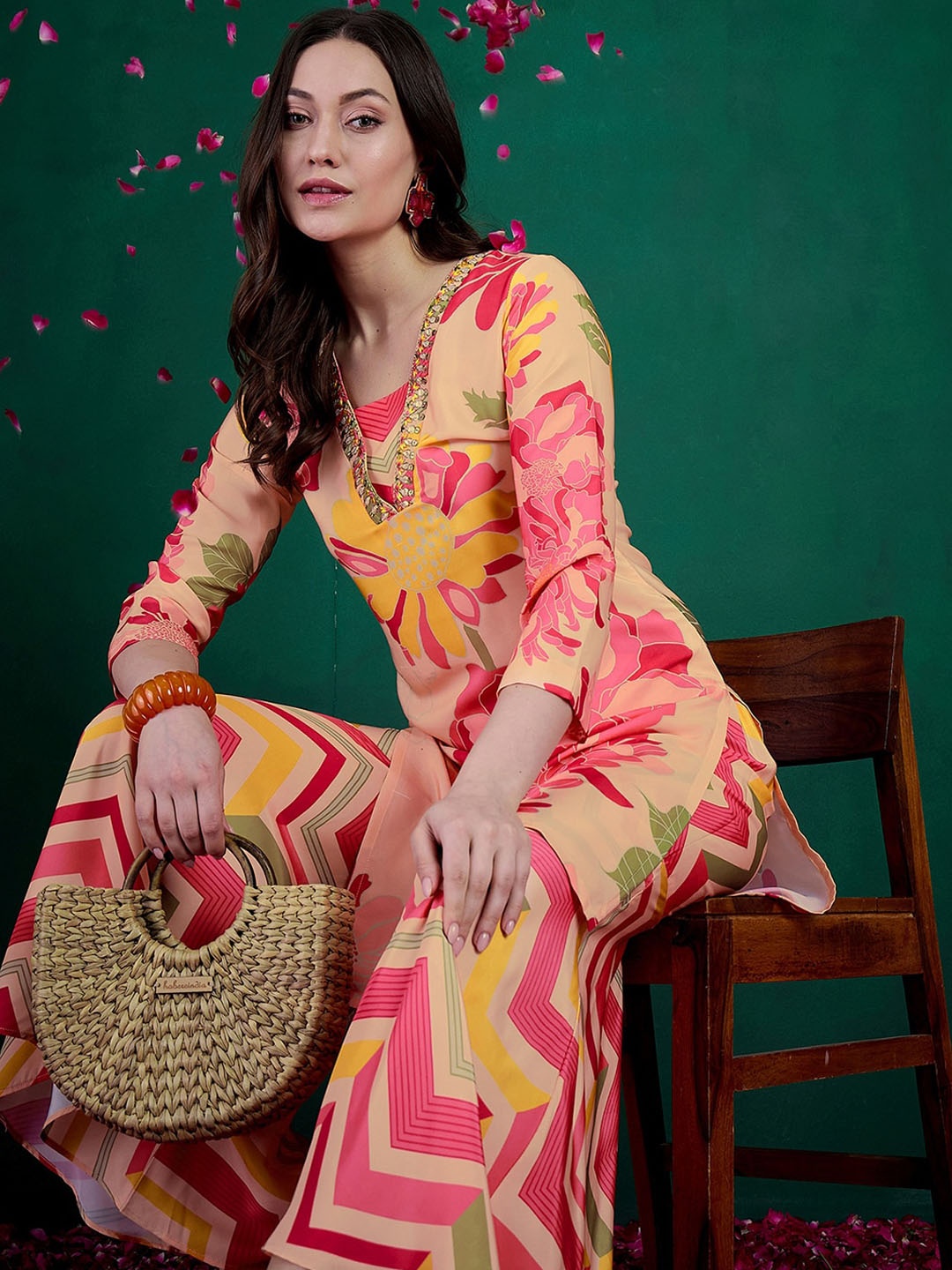 

Sangria Floral Printed Embroidered Straight Kurta With Sharara, Peach