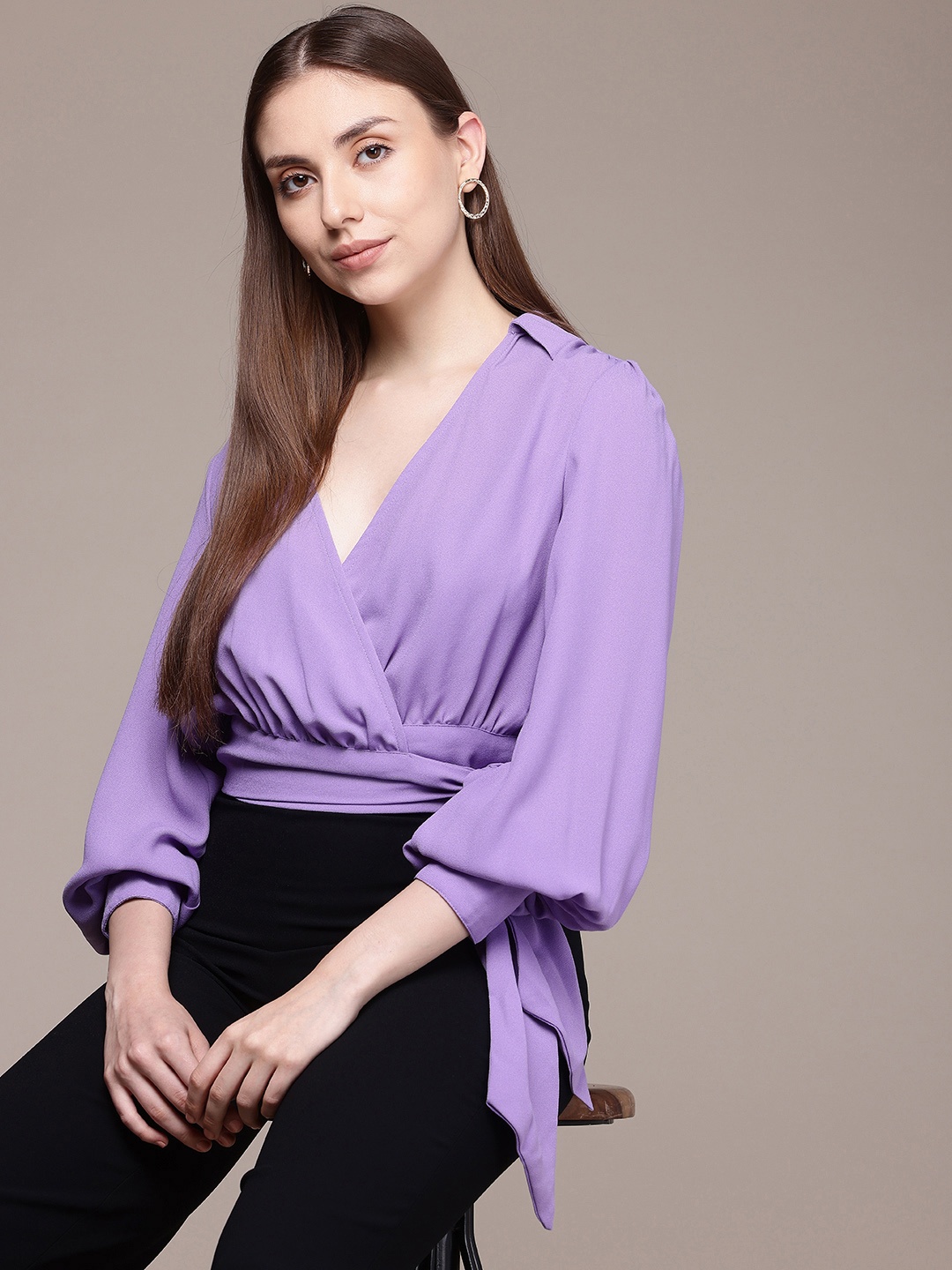 

French Connection Shirt Collar Cuffed Sleeves Waist Tie-Ups Wrap Top, Lavender