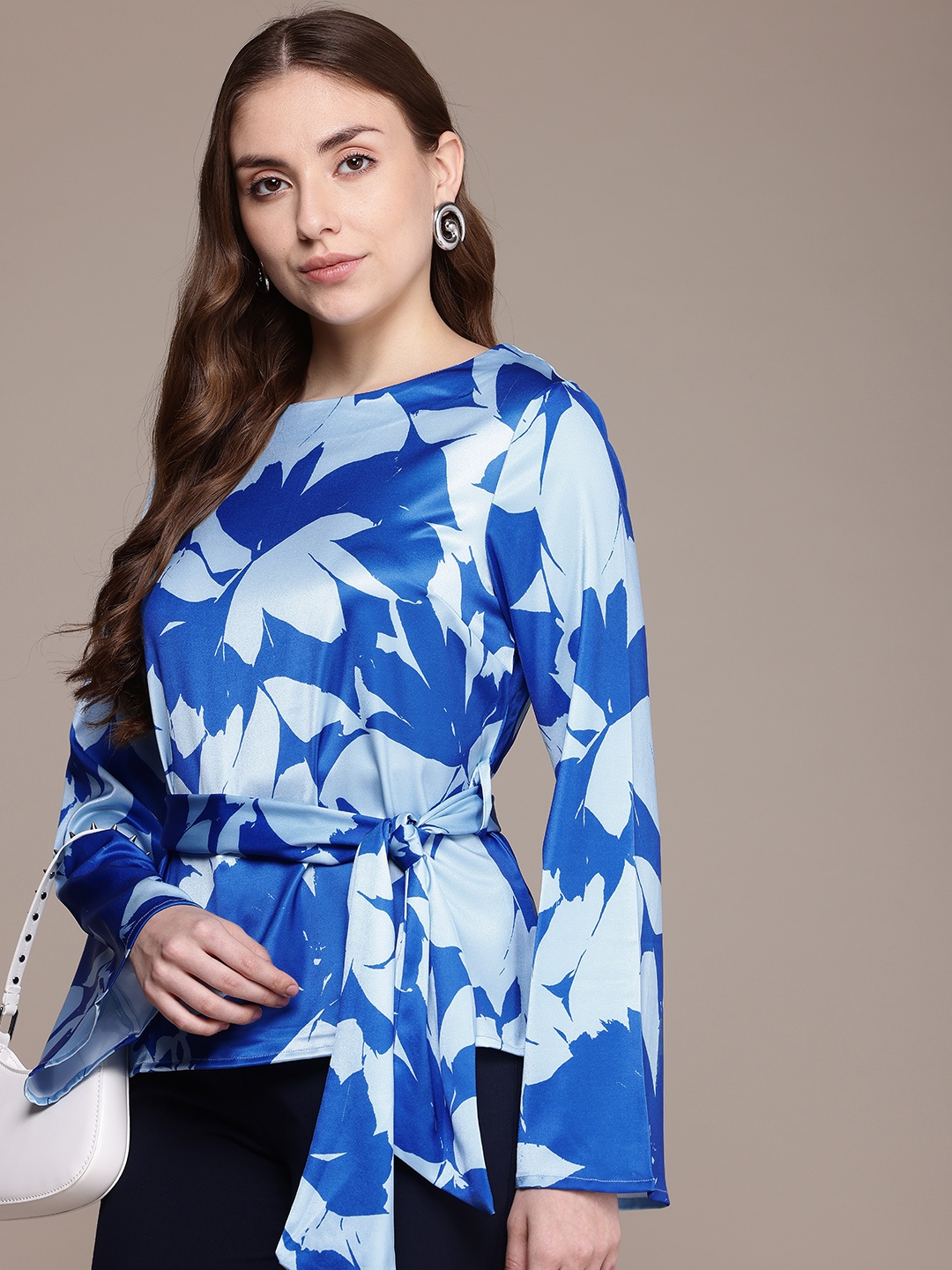 

French Connection Print Flared Sleeve Waist Tie-Up Top, Blue