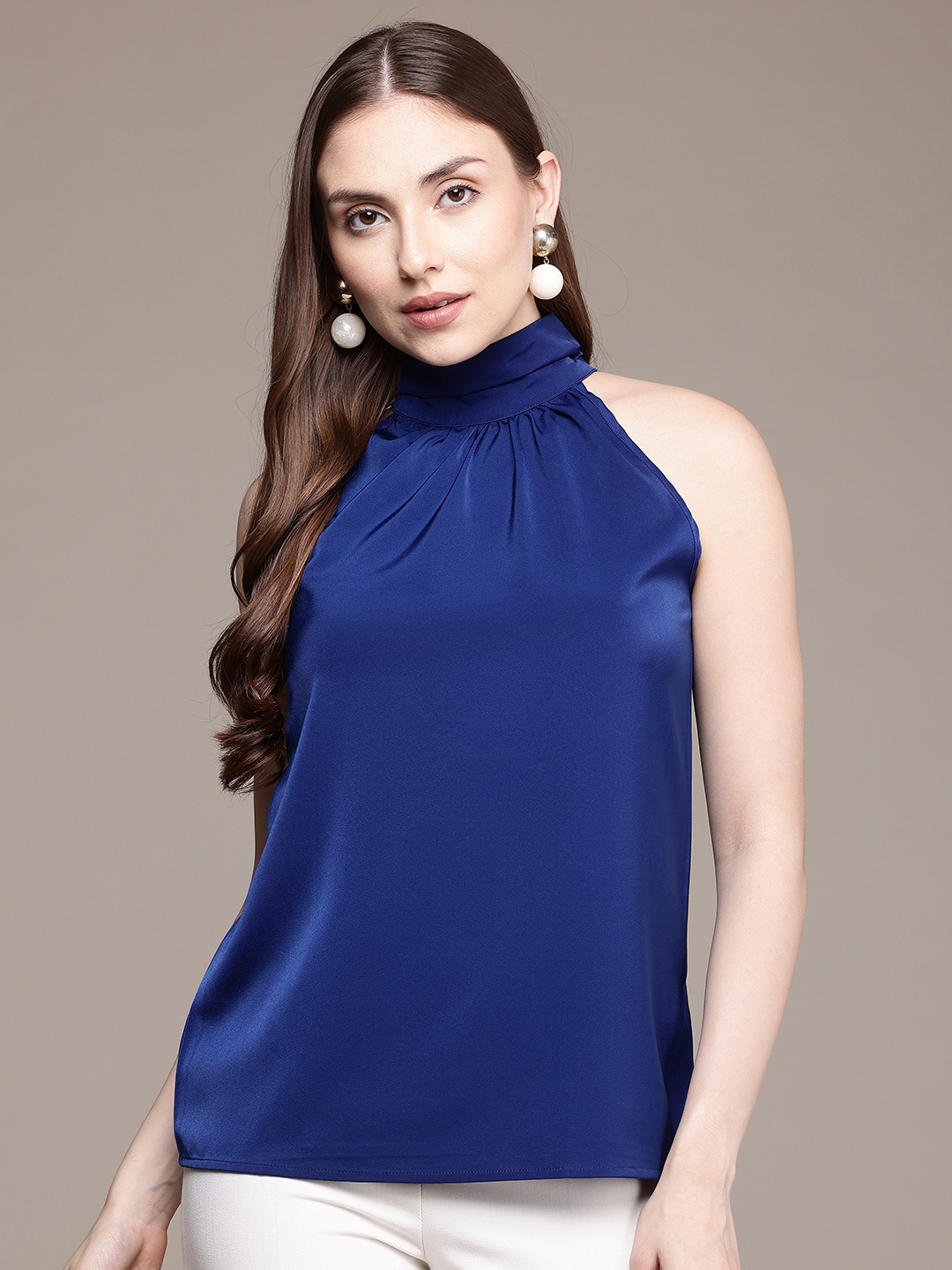 

French Connection Halter Neck Gathered Detail Top, Blue