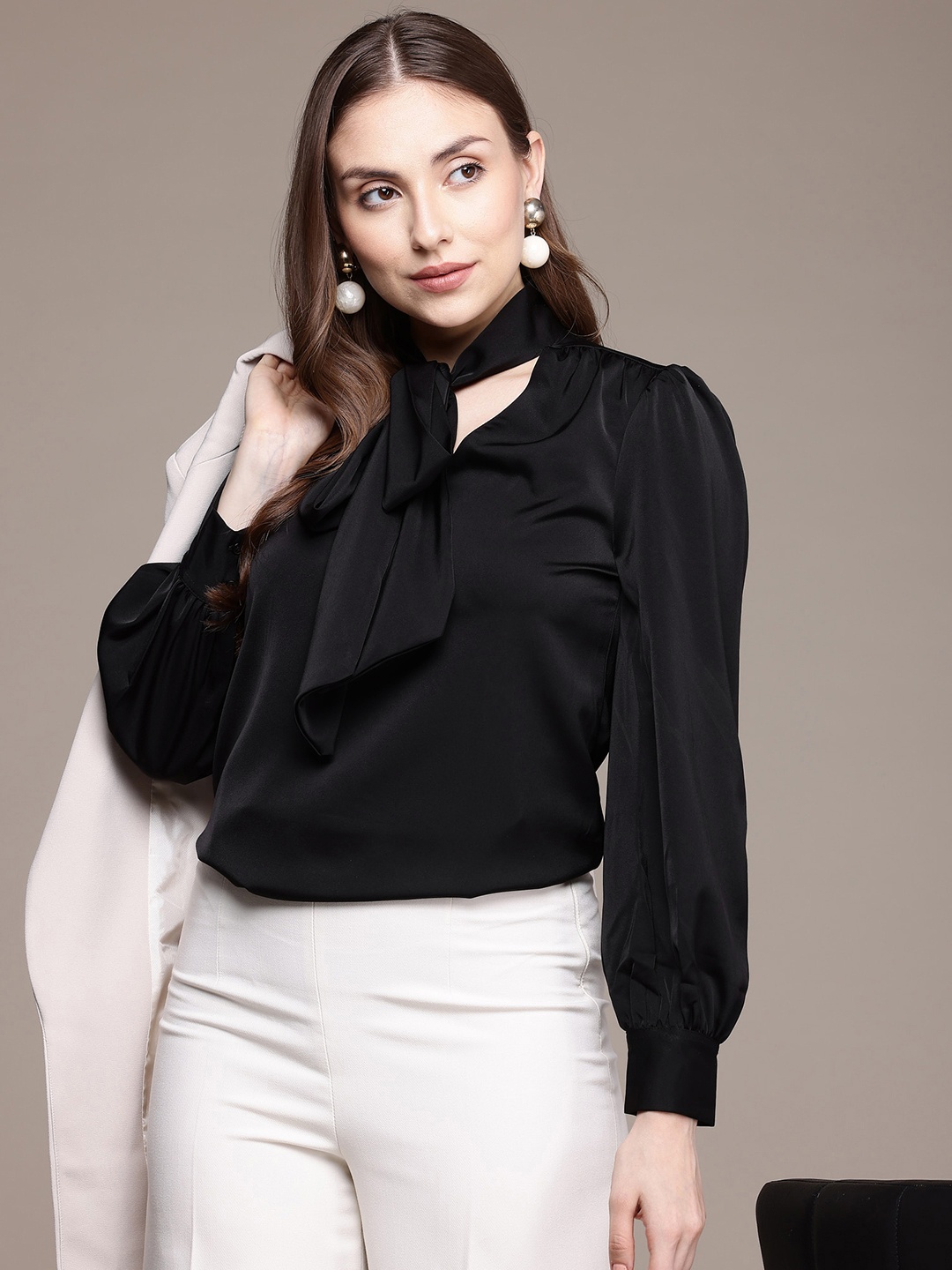 

French Connection Tie-Up Neck Puff Sleeve Top, Black