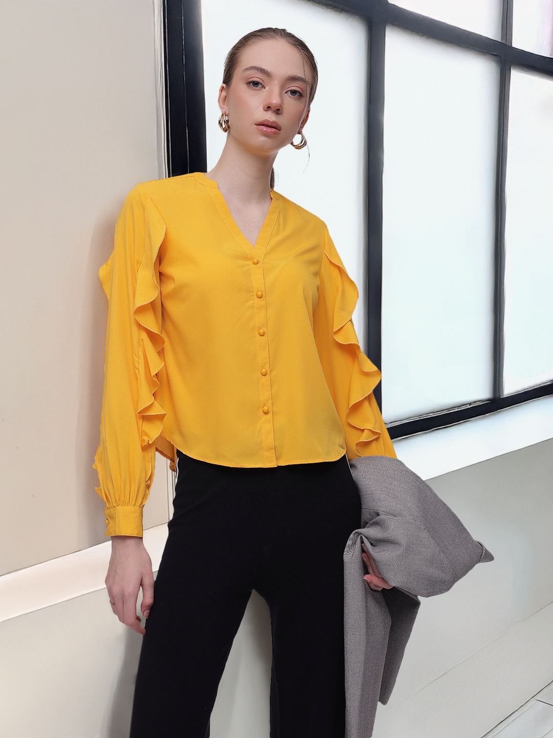 

French Connection Mandarin Collar Ruffled Shirt Style Top, Yellow