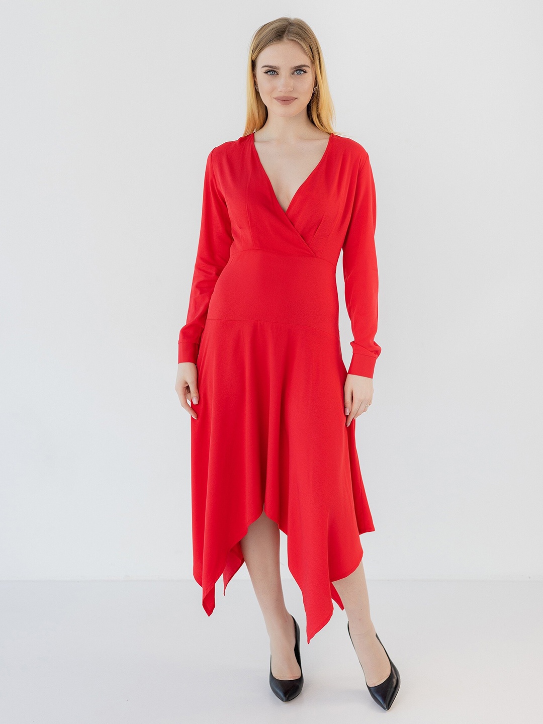 

Diyas London V-Neck Cuffed Sleeves Fit & Flare Midi Dress, Red