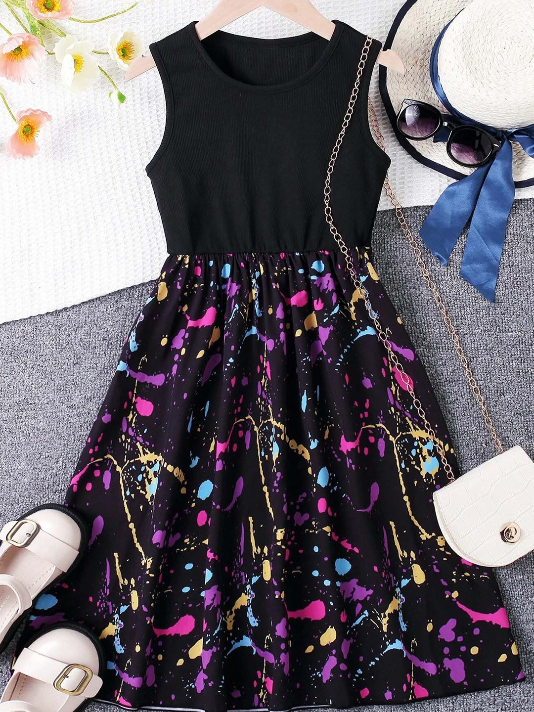 

BAESD Girls Abstract Printed Gathered Detailed Fit & Flare Dress, Black