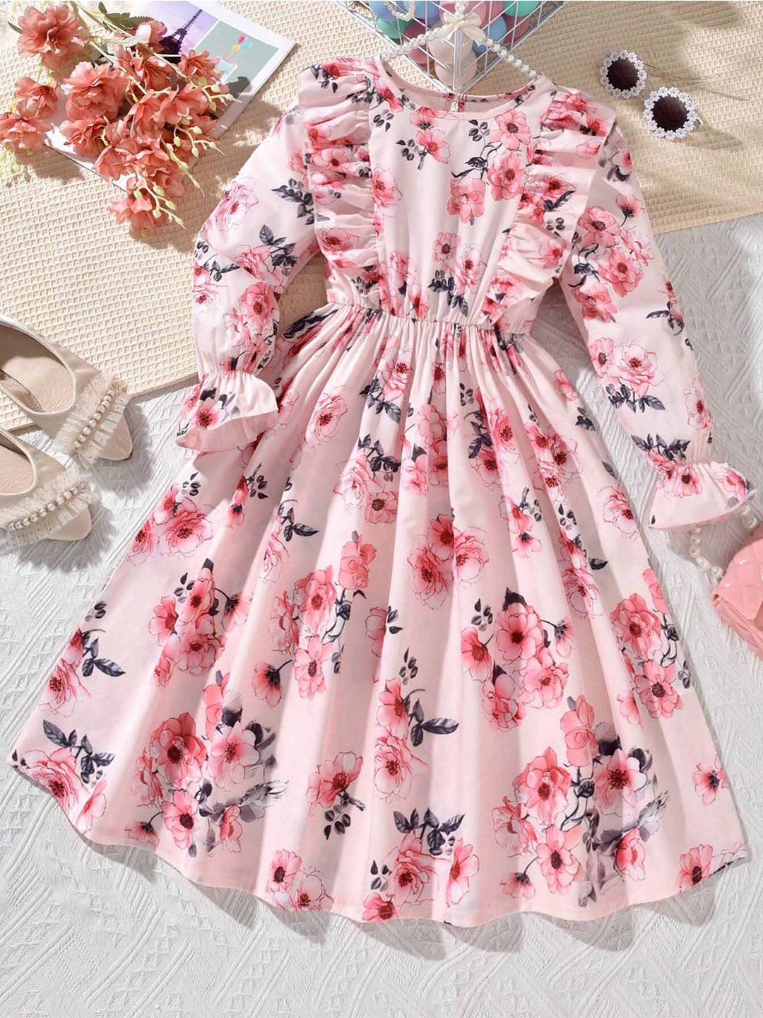 

BAESD Girls Floral Printed Bell Sleeve Ruffled Fit & Flare Dress, Pink
