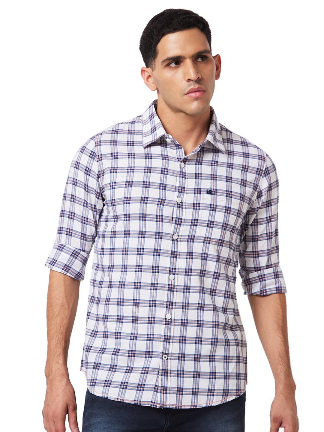 

SPYKAR Slim Fit Checked Spread Collar Cotton Casual Shirt, Peach