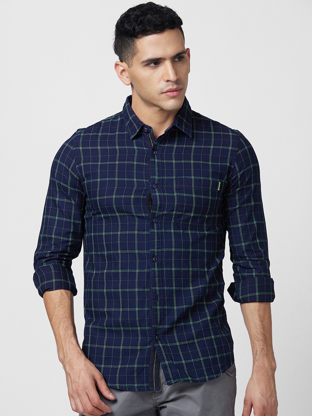 

SPYKAR Slim Fit Tartan Checks Opaque Cotton Casual Shirt, Green