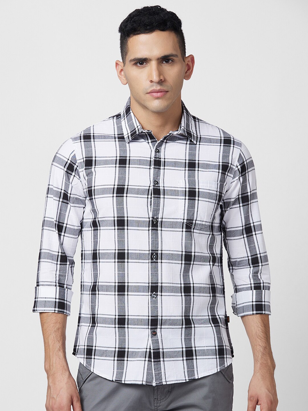 

SPYKAR Slim Fit Windowpane Checks Opaque Cotton Casual Shirt, White