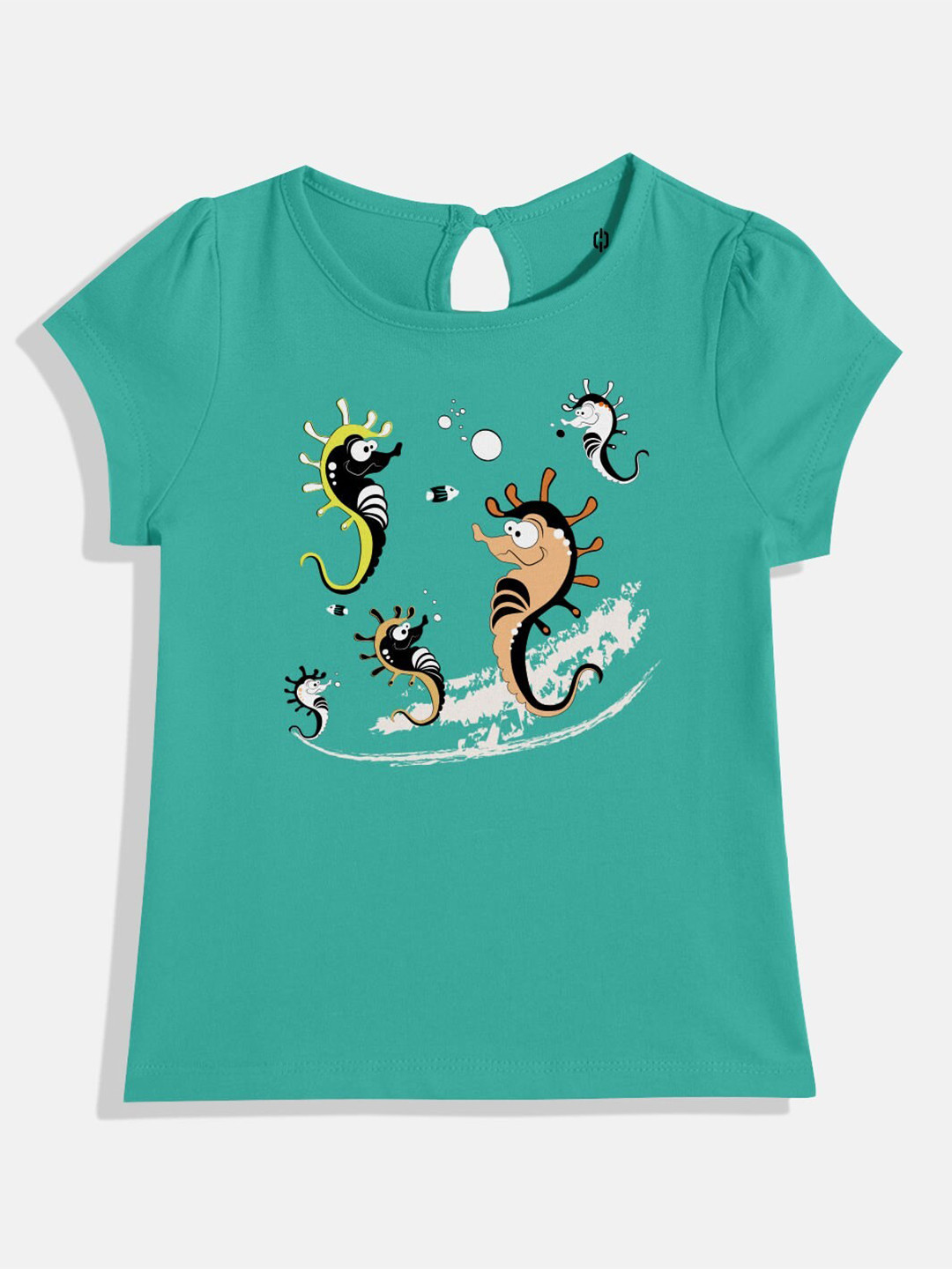 

Huetrap Girls Graphic Printed Round Neck Cotton Top, Teal