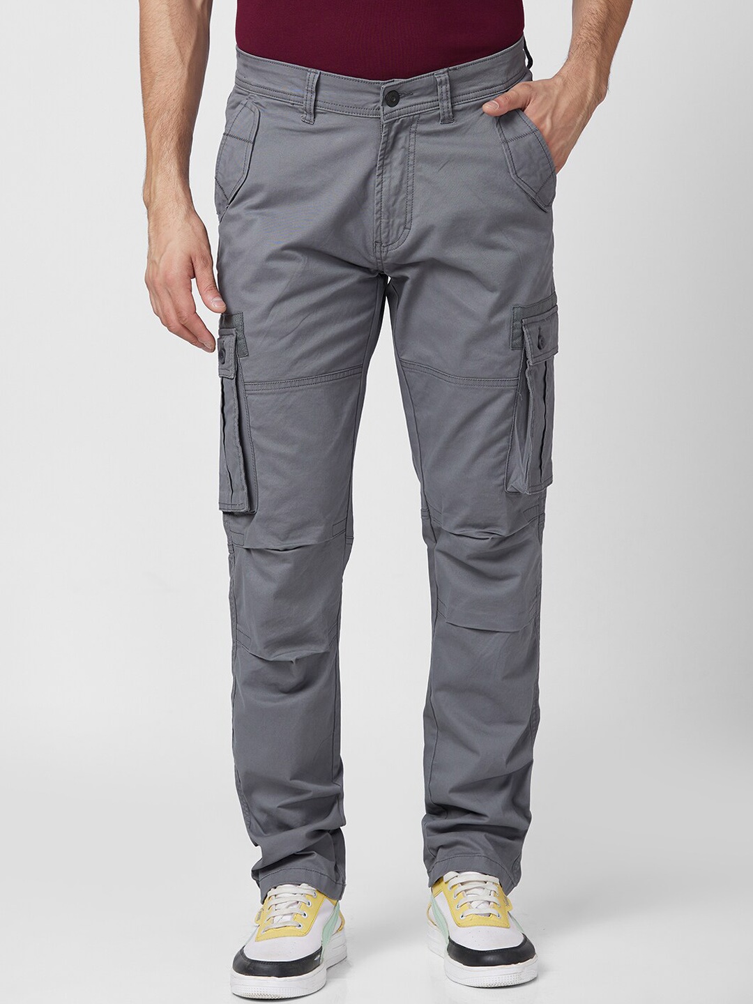 

SPYKAR Men Mid-Rise Cotton Cargos Trousers, Grey