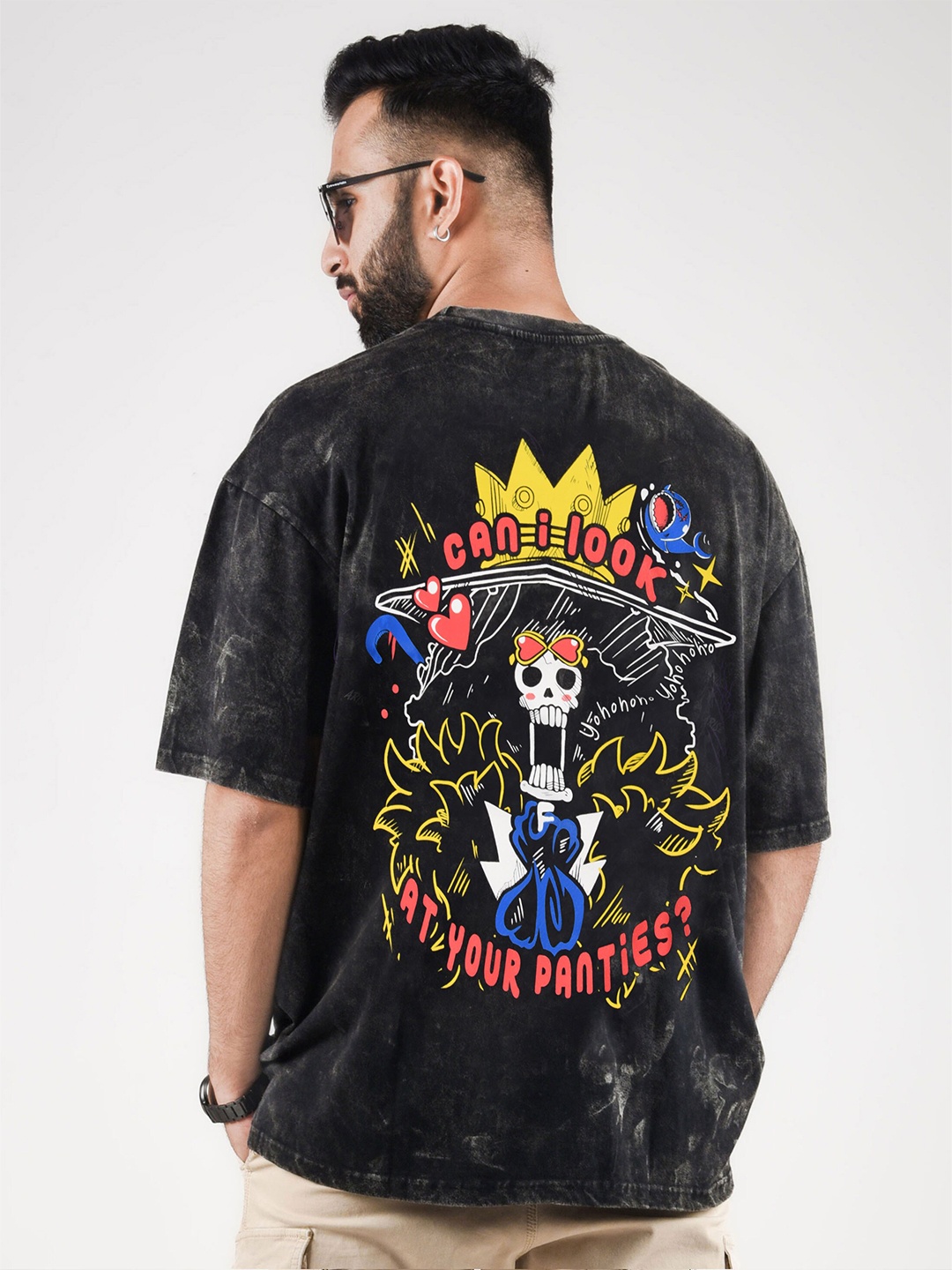 

COMICSENSE Men Anime One Piece Yohohoho Printed Cotton Oversized Tshirt, Grey
