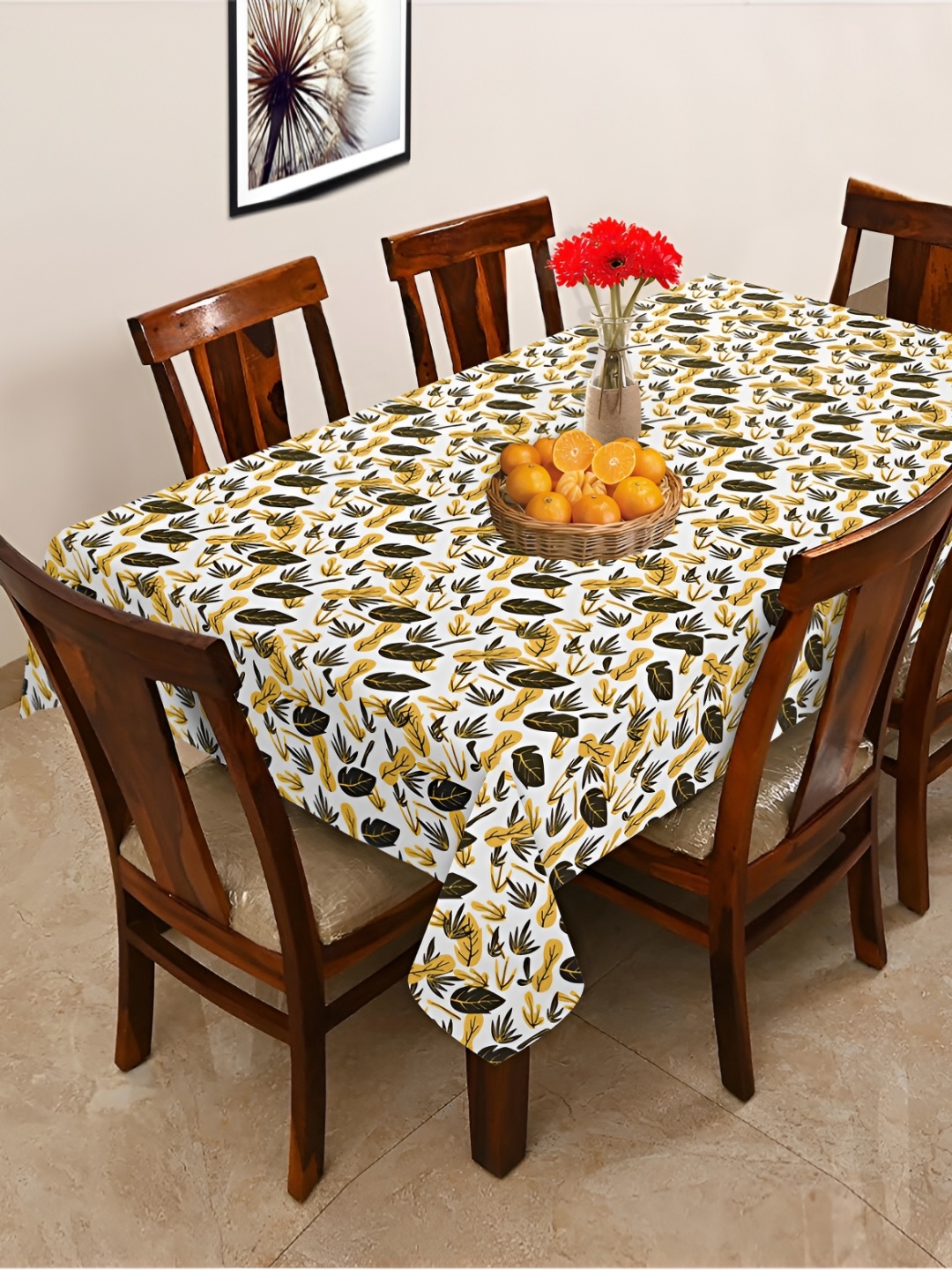 

OASIS Yellow & White Floral Printed Cotton 6-Seater Table Cover