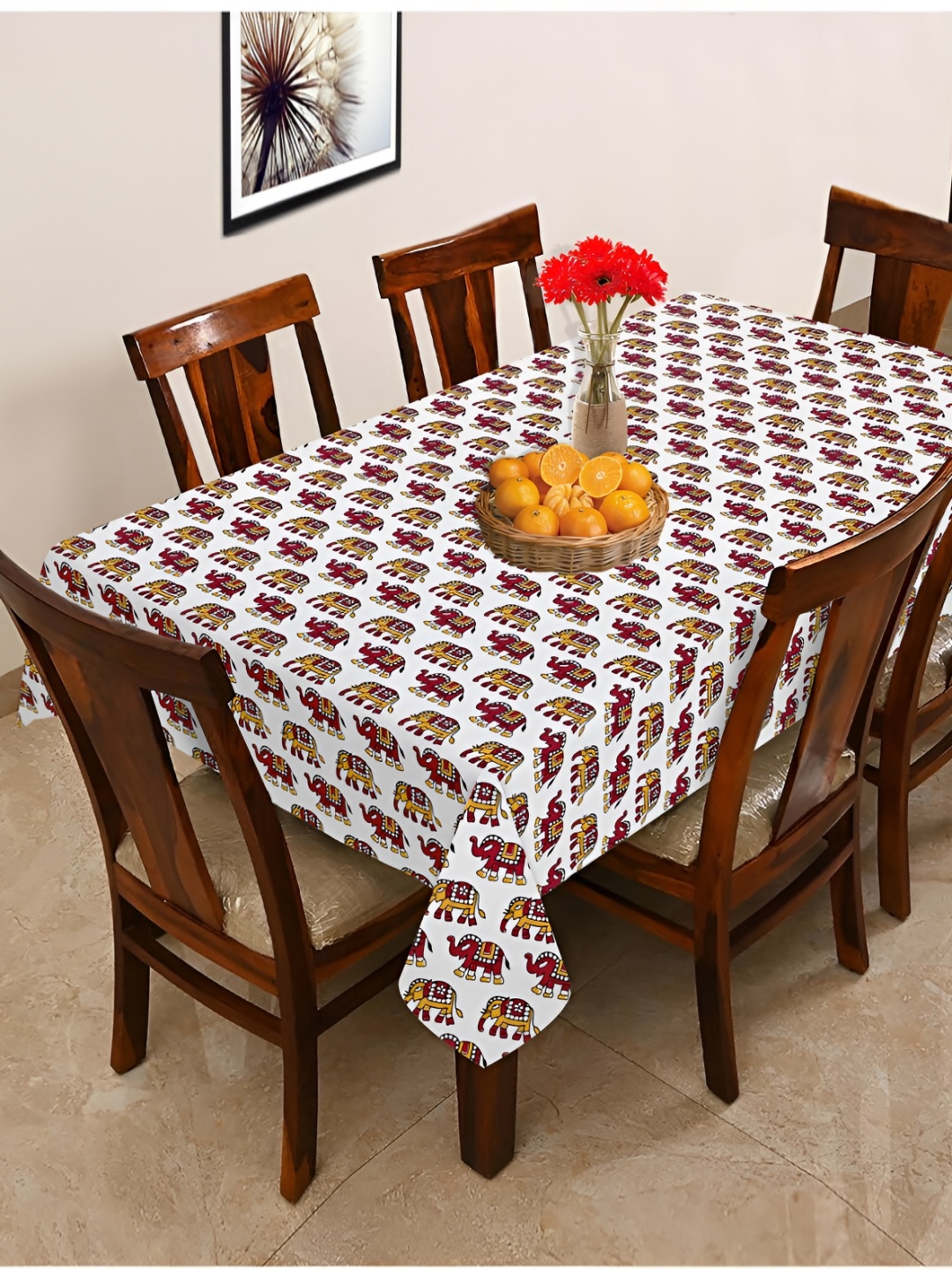 

OASIS Red & White Ethnic Motifs Cotton 6-Seater Table Cover