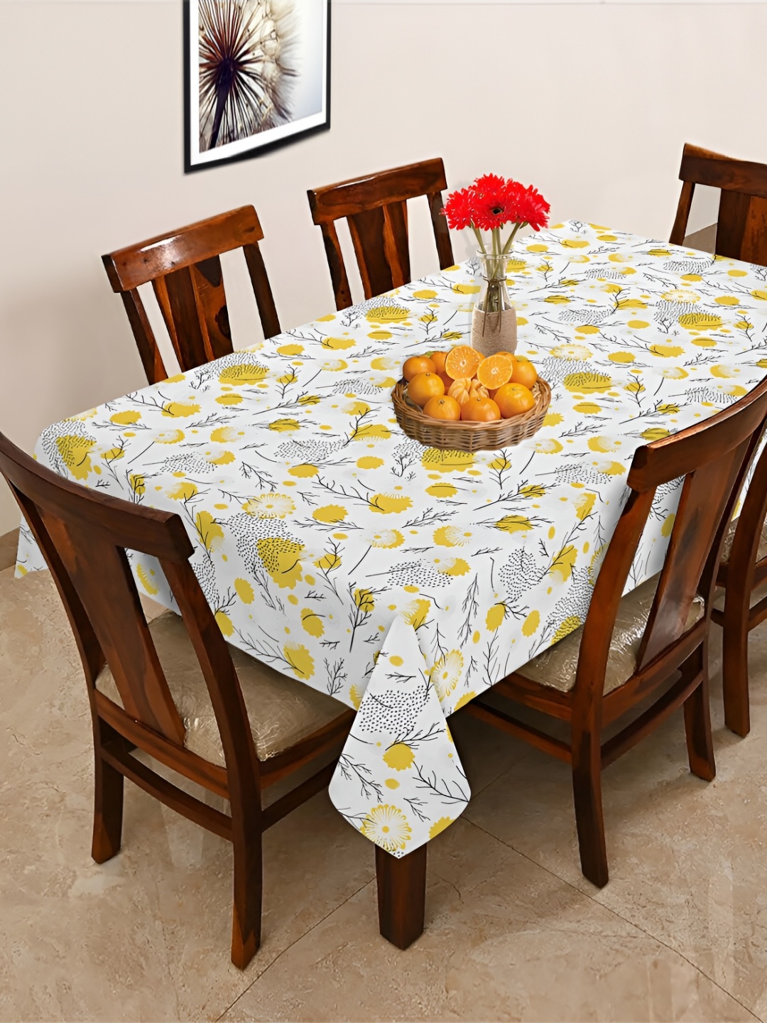 

OASIS Yellow & White Floral Printed Cotton Rectangular Shaped 6 Seater Table Cover