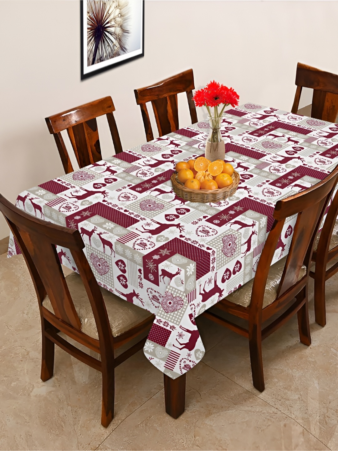 

OASIS Red & White Cotton 6-Seater Table Cover