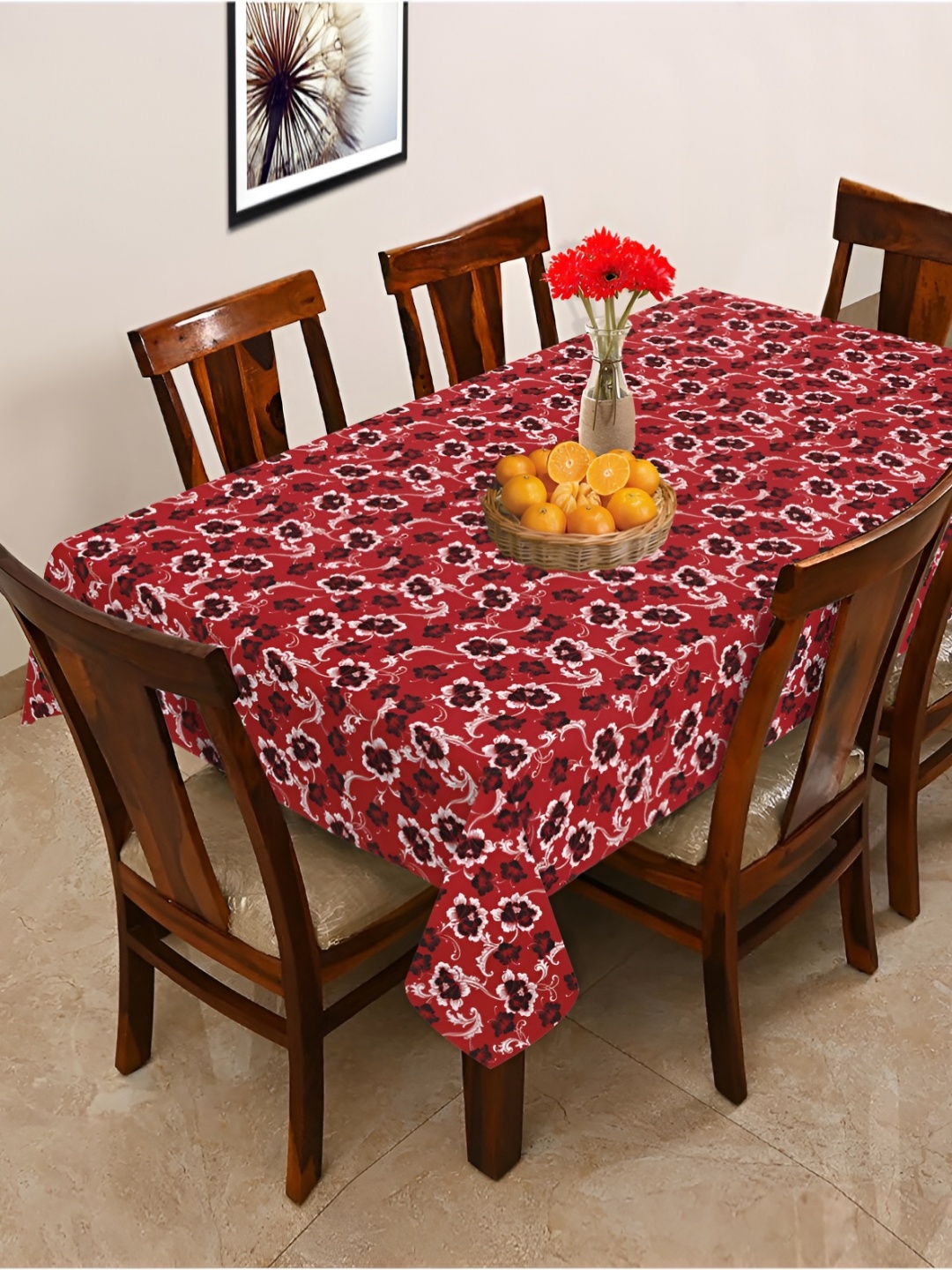 

OASIS Red & Black Floral Printed Cotton 6-Seater Table Cover