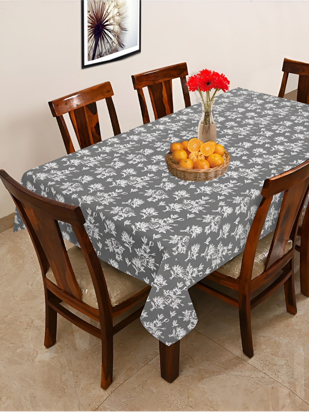 

OASIS Grey & White Floral Printed Cotton 6-Seater Table Cover