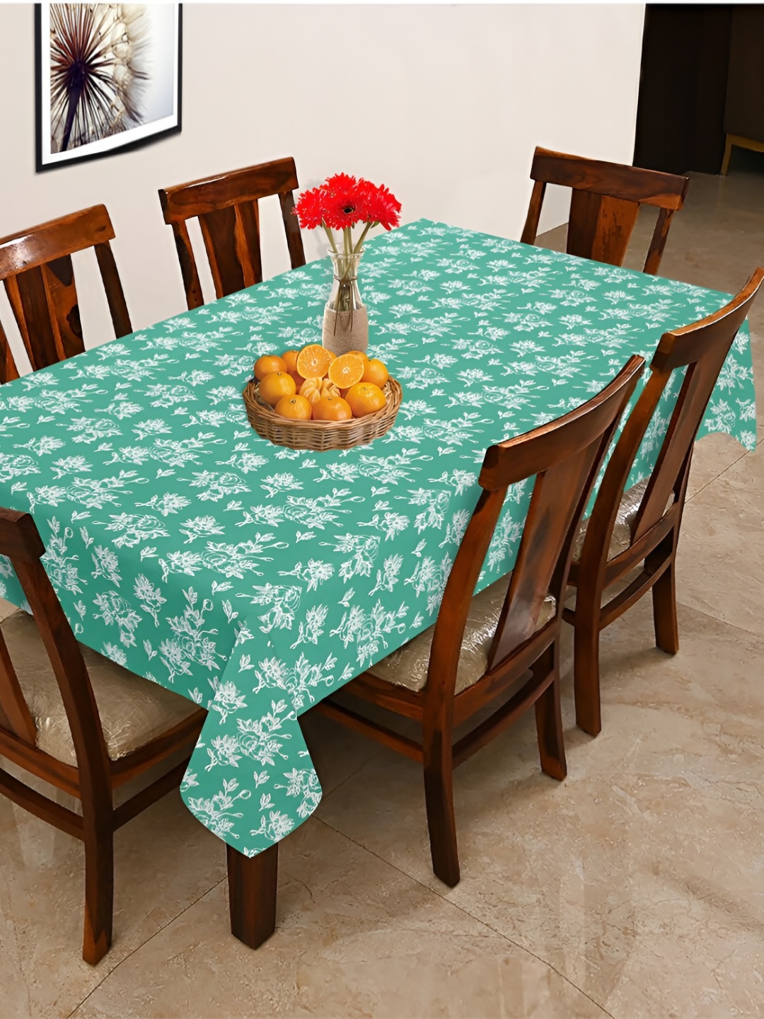 

OASIS Green & White Floral Printed Cotton 6-Seater Table Cover