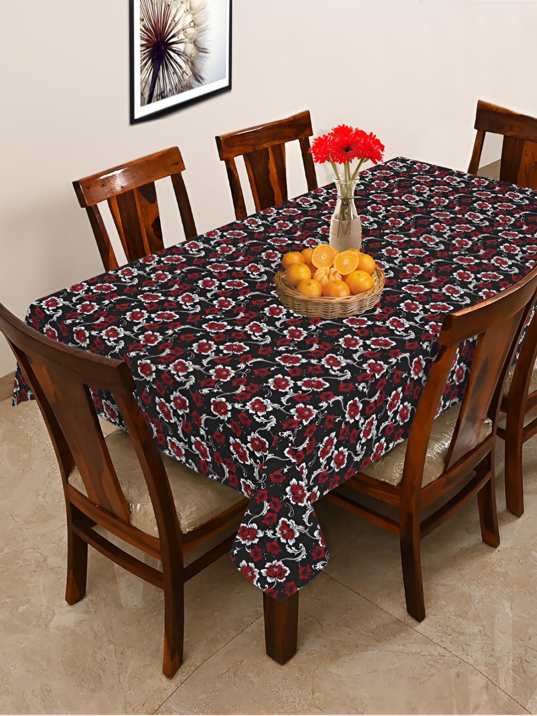 

OASIS Black & Red Floral Printed Cotton 6-Seater Table Cover