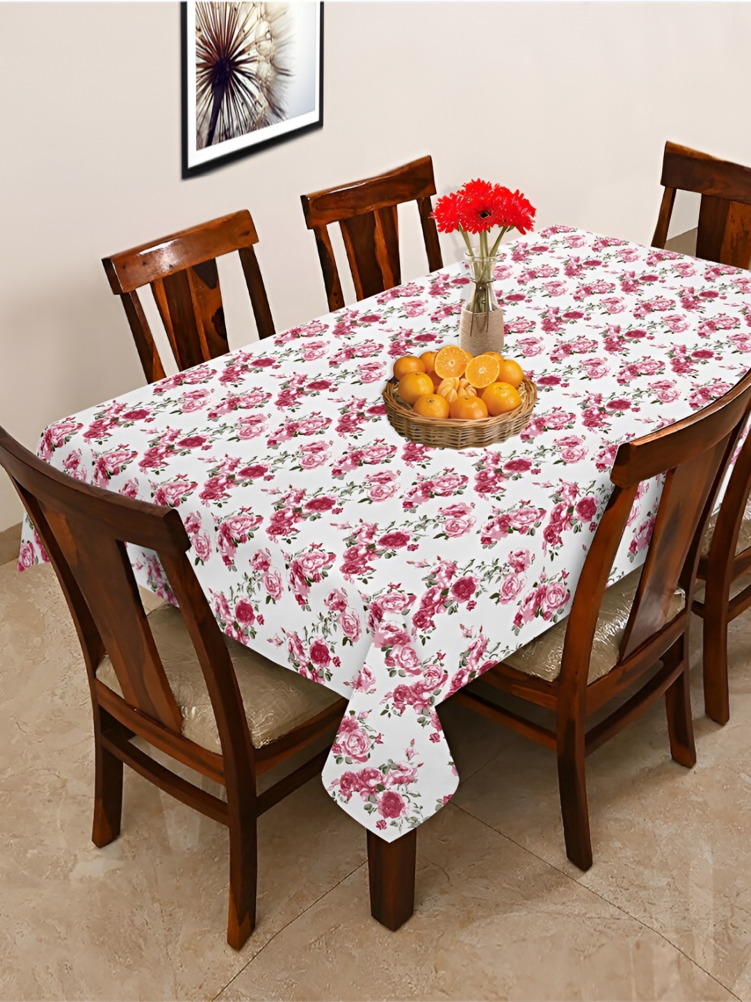 

OASIS Pink & White Floral Printed Cotton 6-Seater Table Cover