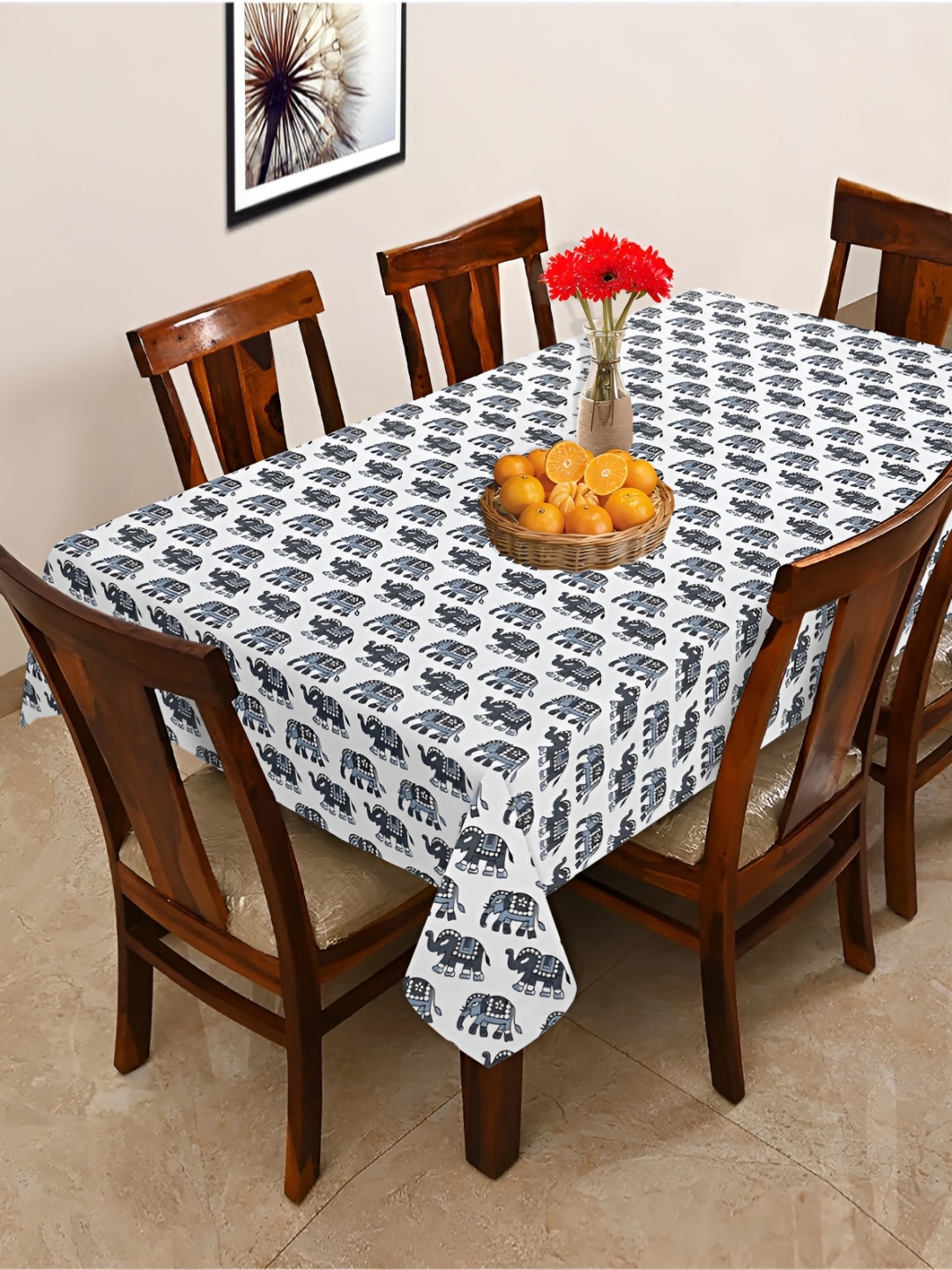 

OASIS Grey & White Ethnic Motifs Cotton 6-Seater Table Cover