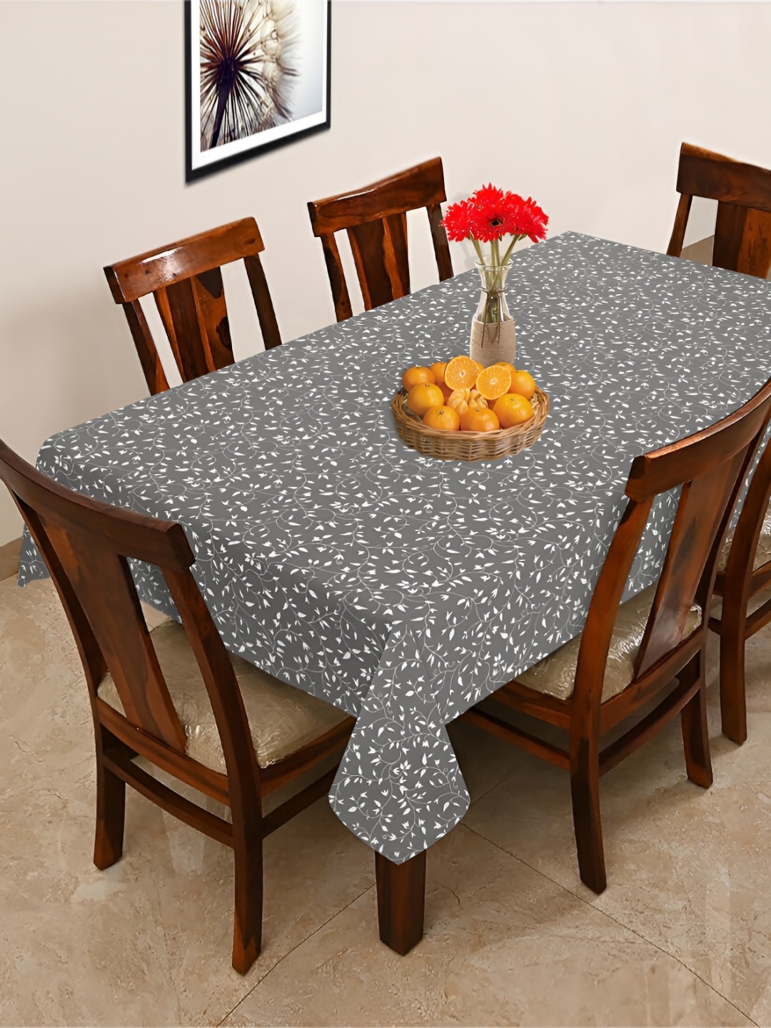 

OASIS Grey & White Floral Printed Cotton 6-Seater Table Cover