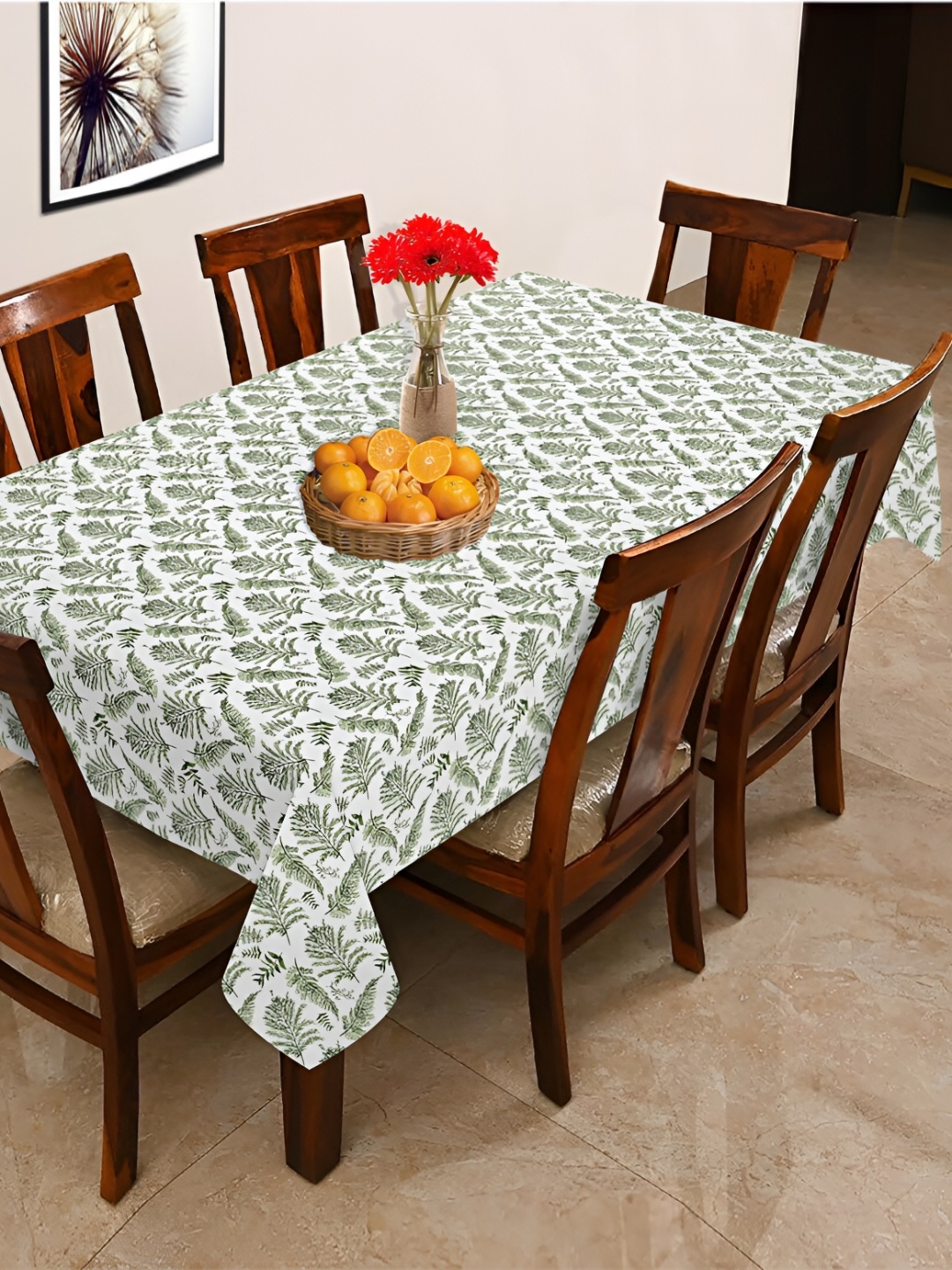 

OASIS Green & White Floral Printed Cotton 6-Seater Table Cover