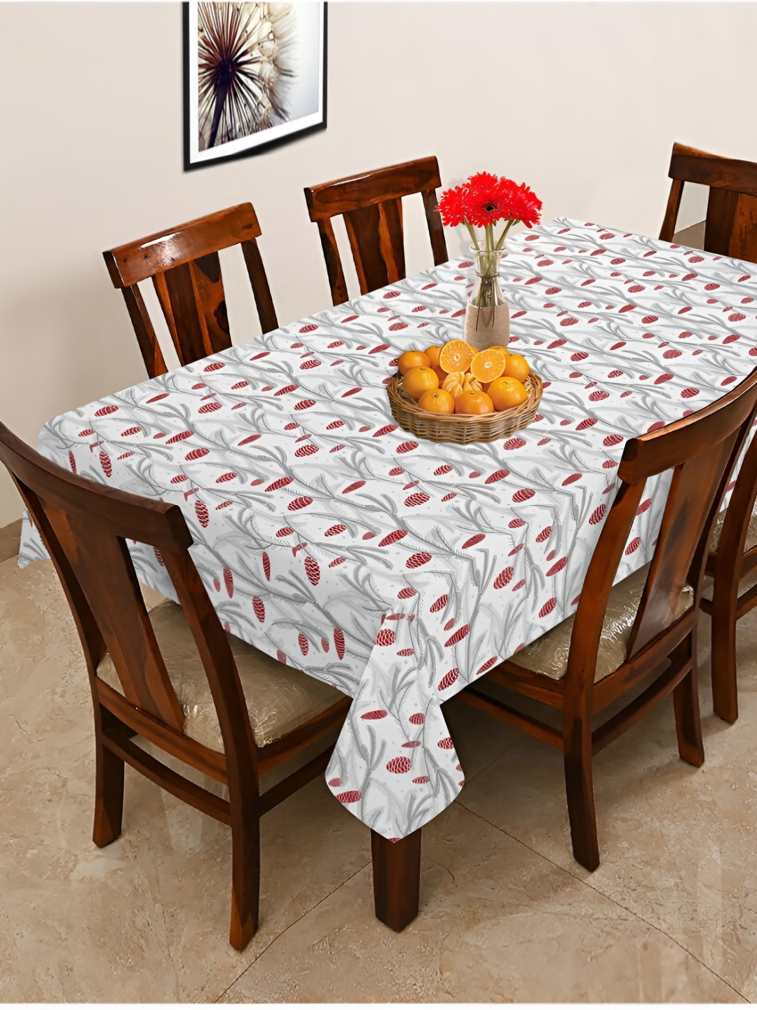 

OASIS Grey & Red Floral Printed Cotton 6-Seater Table Cover