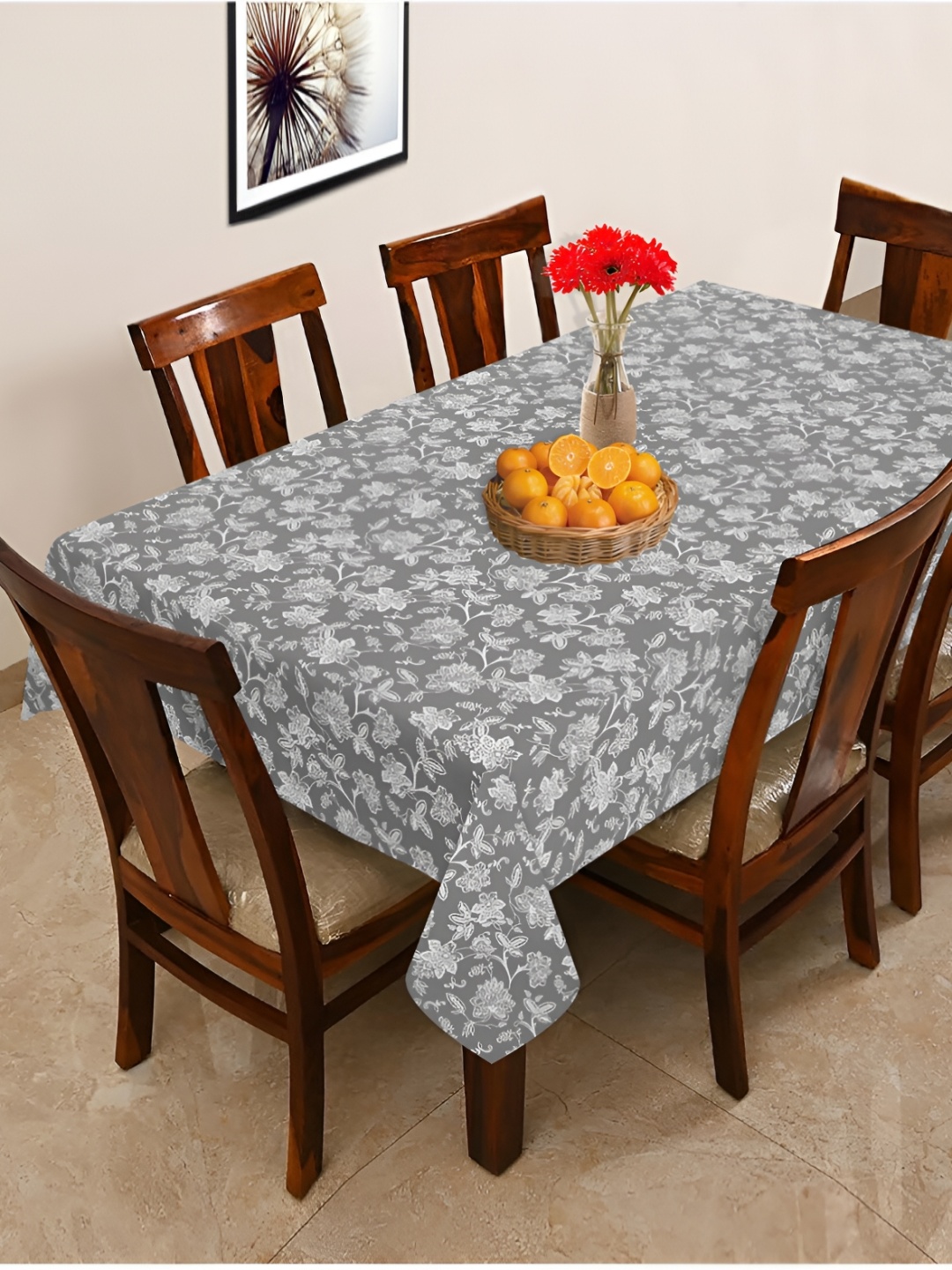 

OASIS Grey & White Floral Printed Cotton 6-Seater Table Cover