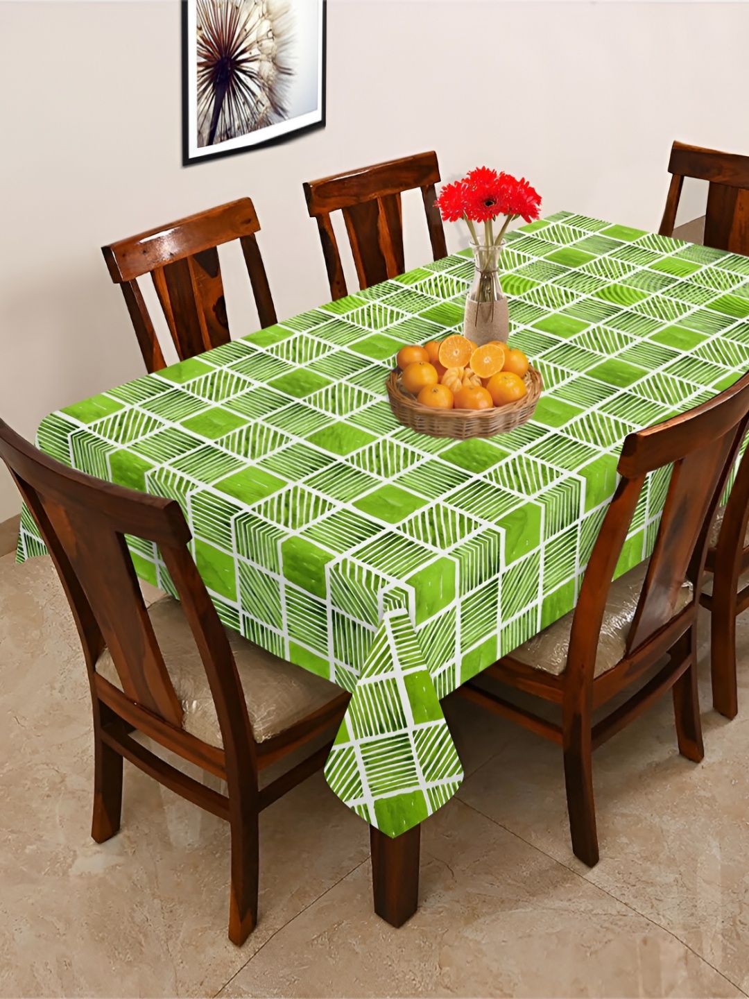 

OASIS Green & White Cotton 6-Seater Table Cover