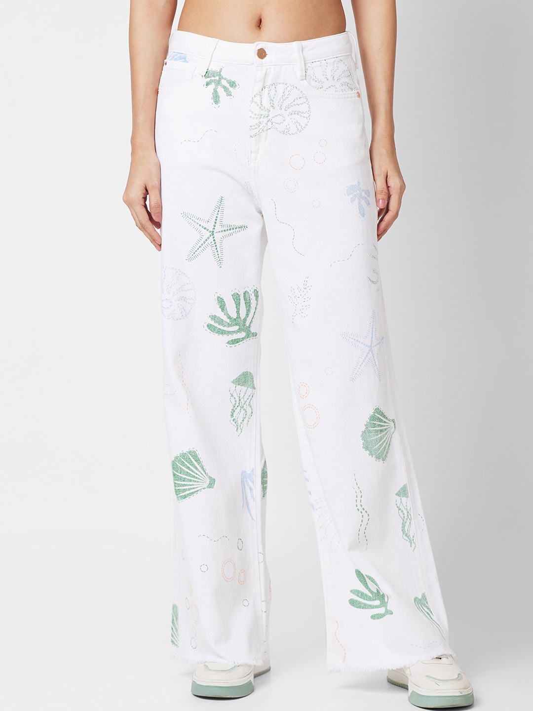 

SPYKAR Women Wide Leg High-Rise Printed Stretchable Jeans, White