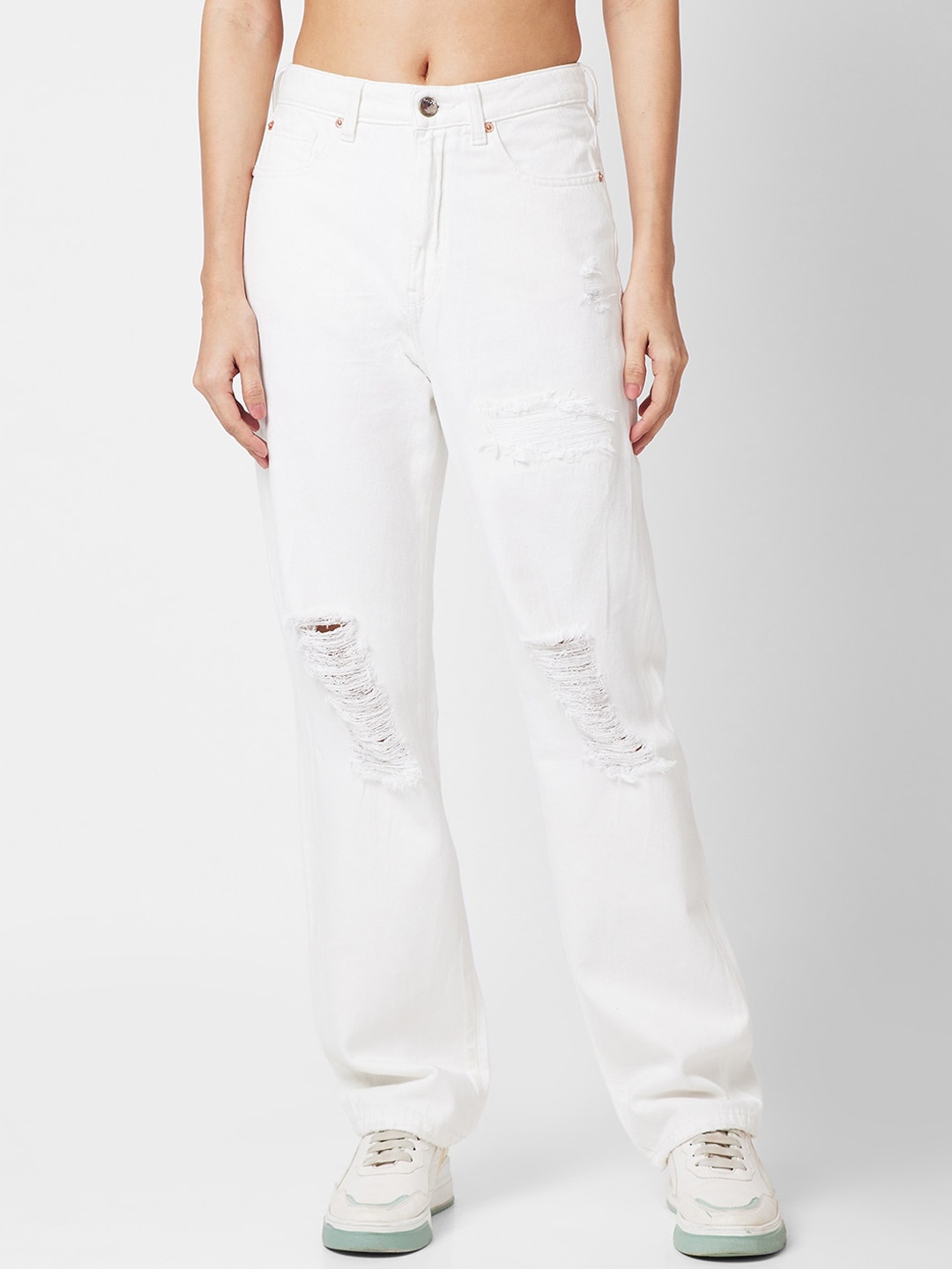

SPYKAR Women Straight Fit High-Rise Highly Distressed Stretchable Jeans, White