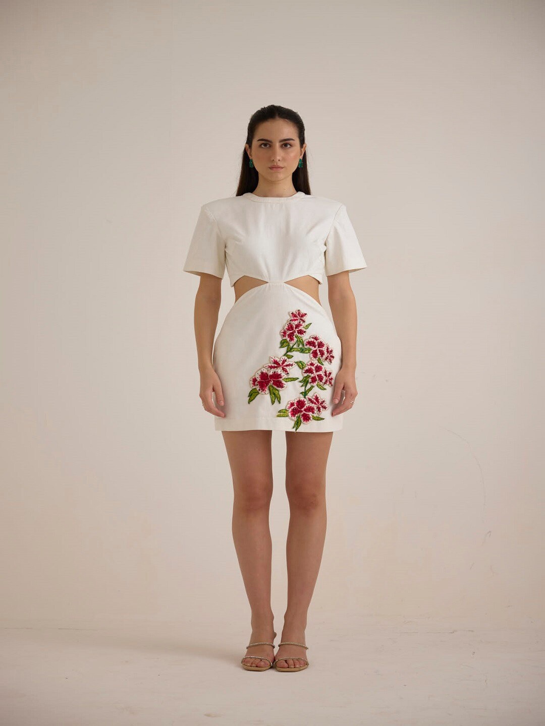 

House of Exotique Floral Embroidered Cut Out Applique Denim A-Line Mini Dress, White