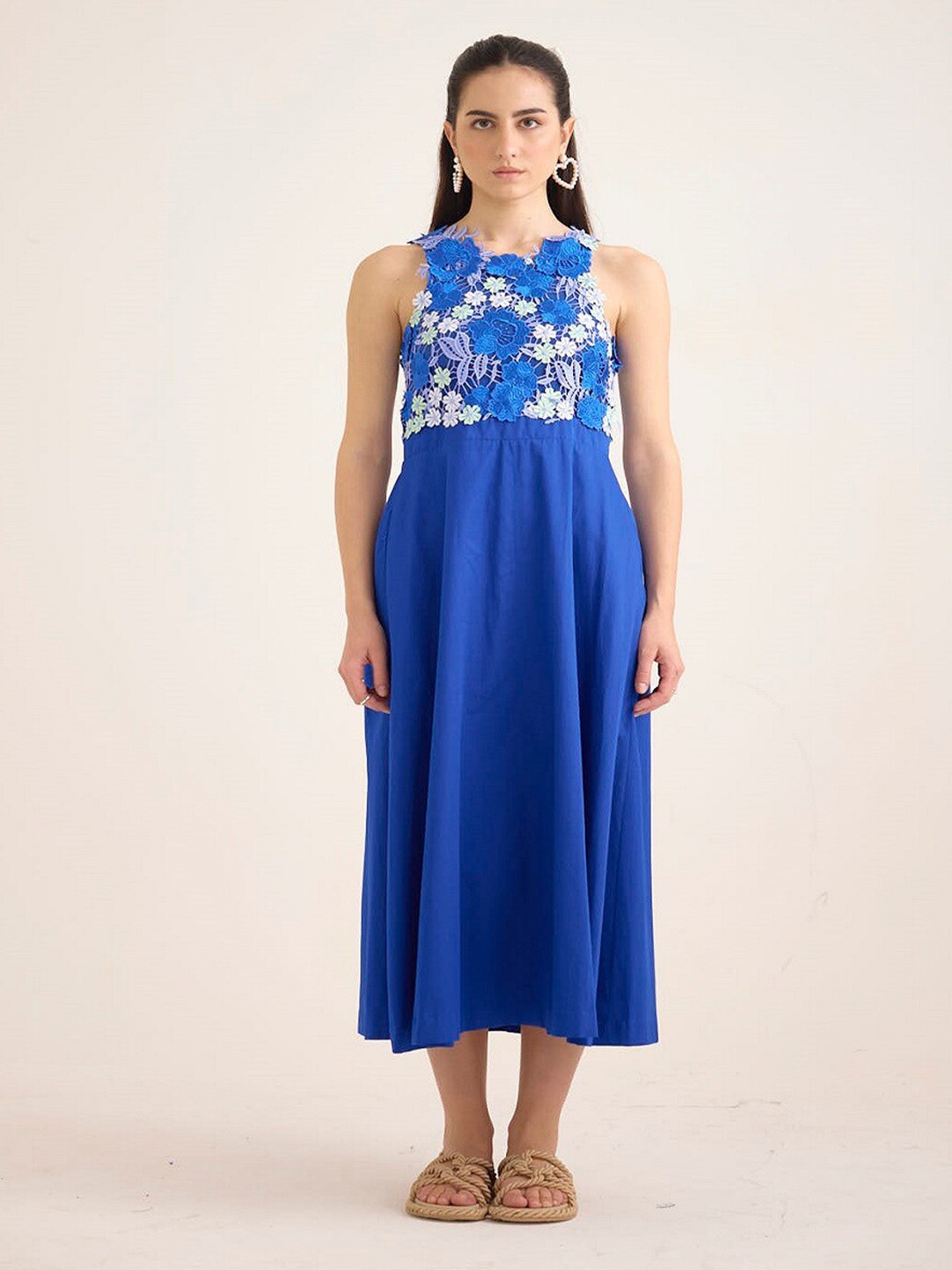 

House of Exotique Floral Applique Fit & Flare Midi Dress, Blue