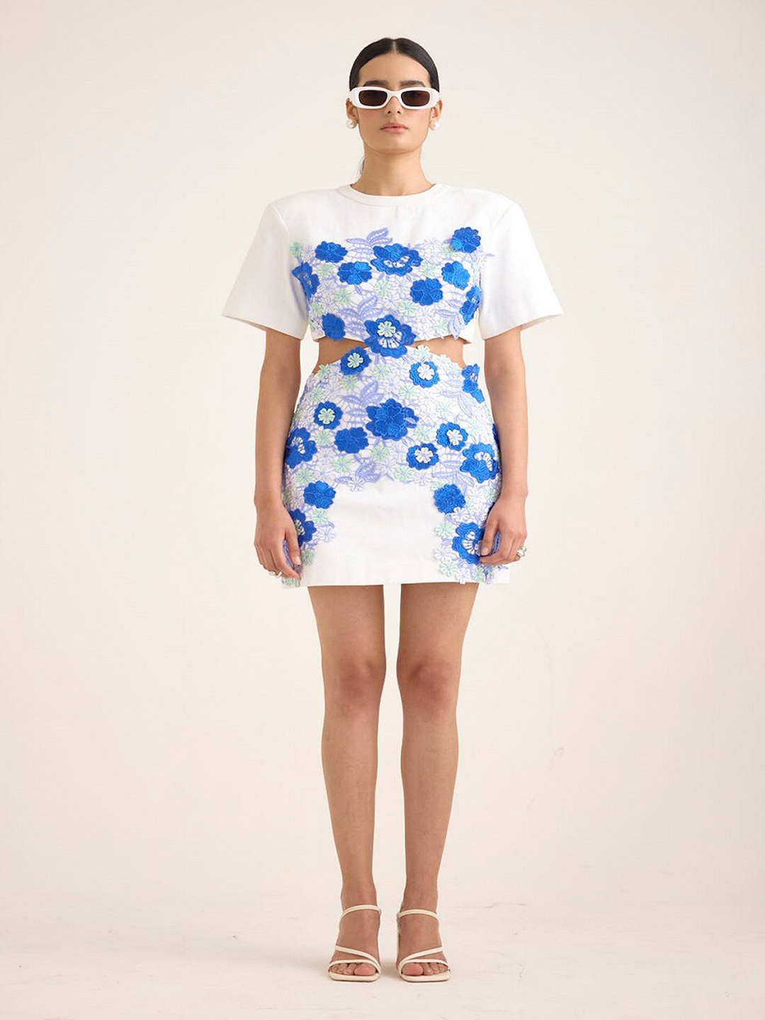 

House of Exotique Cut Out Applique Denim A-Line Mini Dress, White