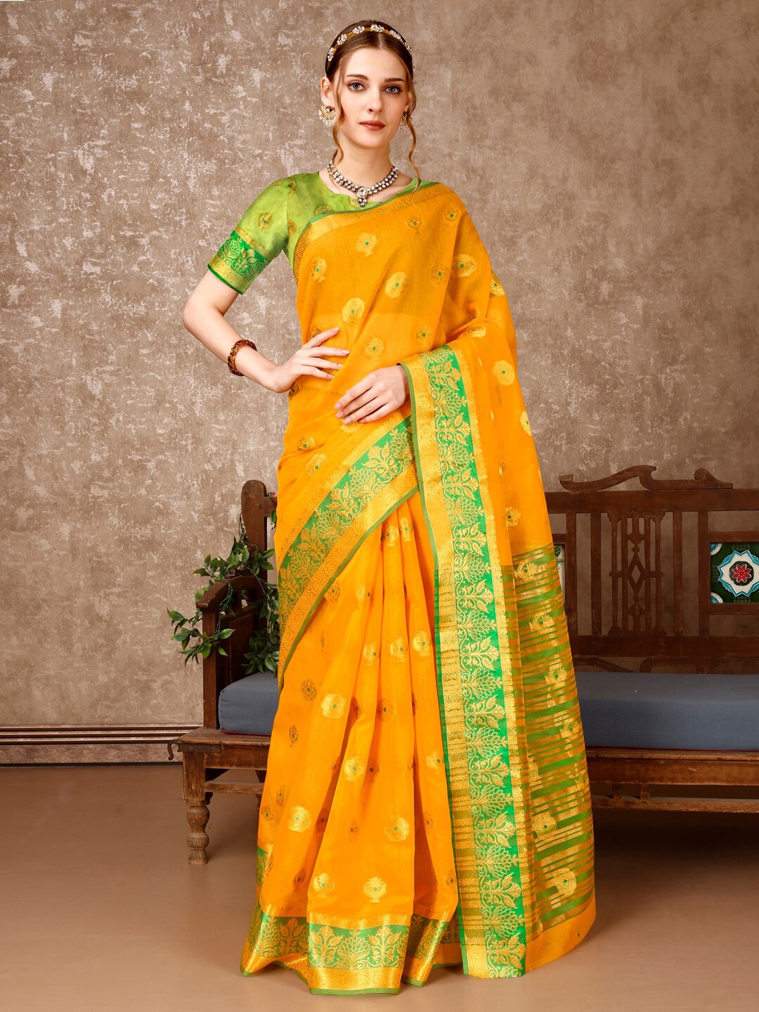 

Mitera Ethnic Motifs Woven Design Zari Silk Cotton Saree, Yellow