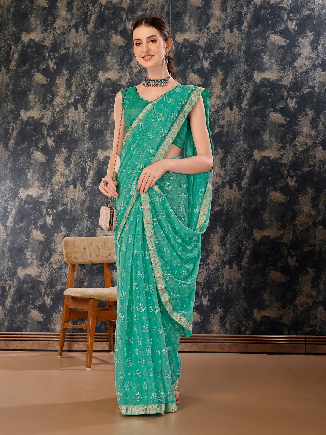 

Mitera Ethnic Motifs Printed Pure Chiffon Saree, Turquoise blue