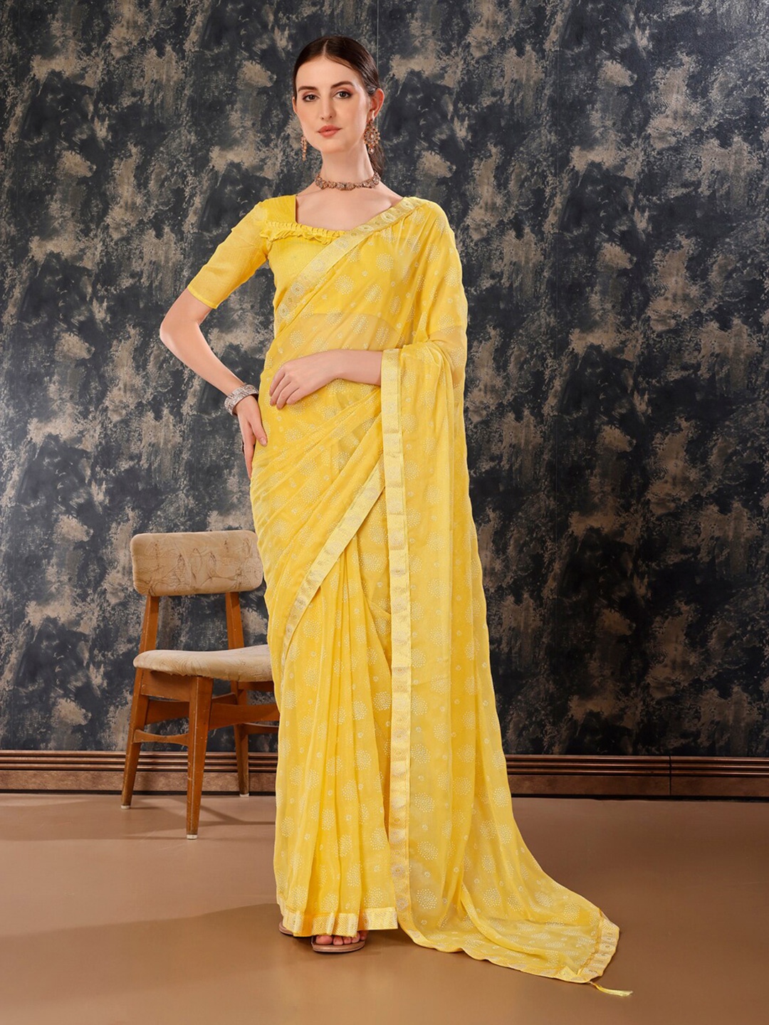 

Mitera Ethnic Motifs Printed Pure Chiffon Saree, Yellow