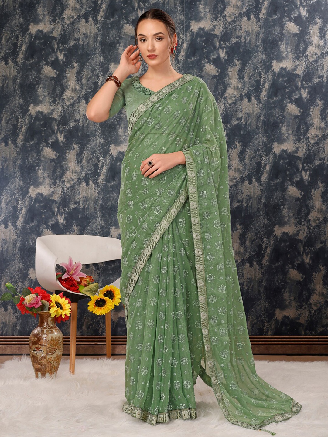 

Mitera Ethnic Motifs Printed Pure Chiffon Saree, Green