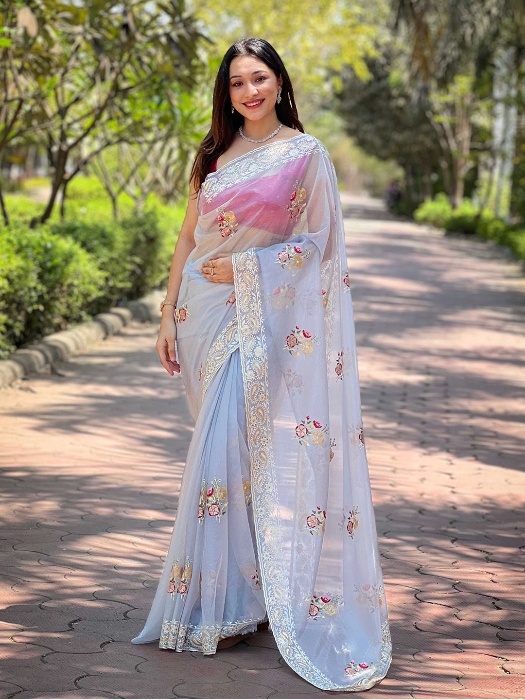 Mitera Floral Embroidered Tissue Saree, Blue