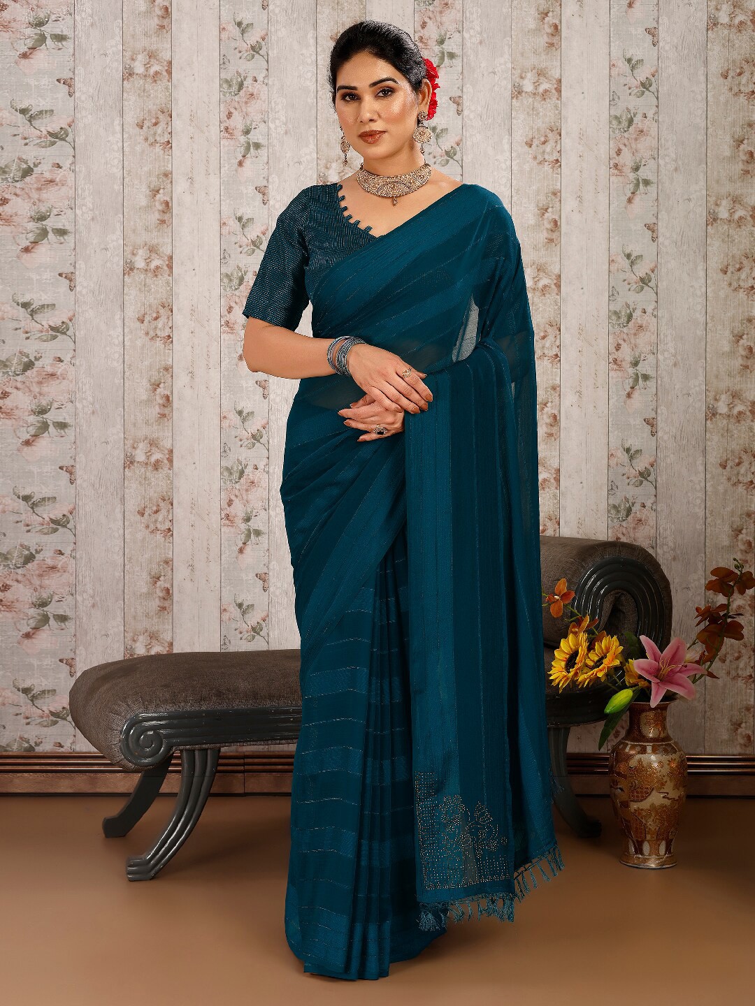 

HERE&NOW Teal Blue Embellished Pure Chiffon Saree