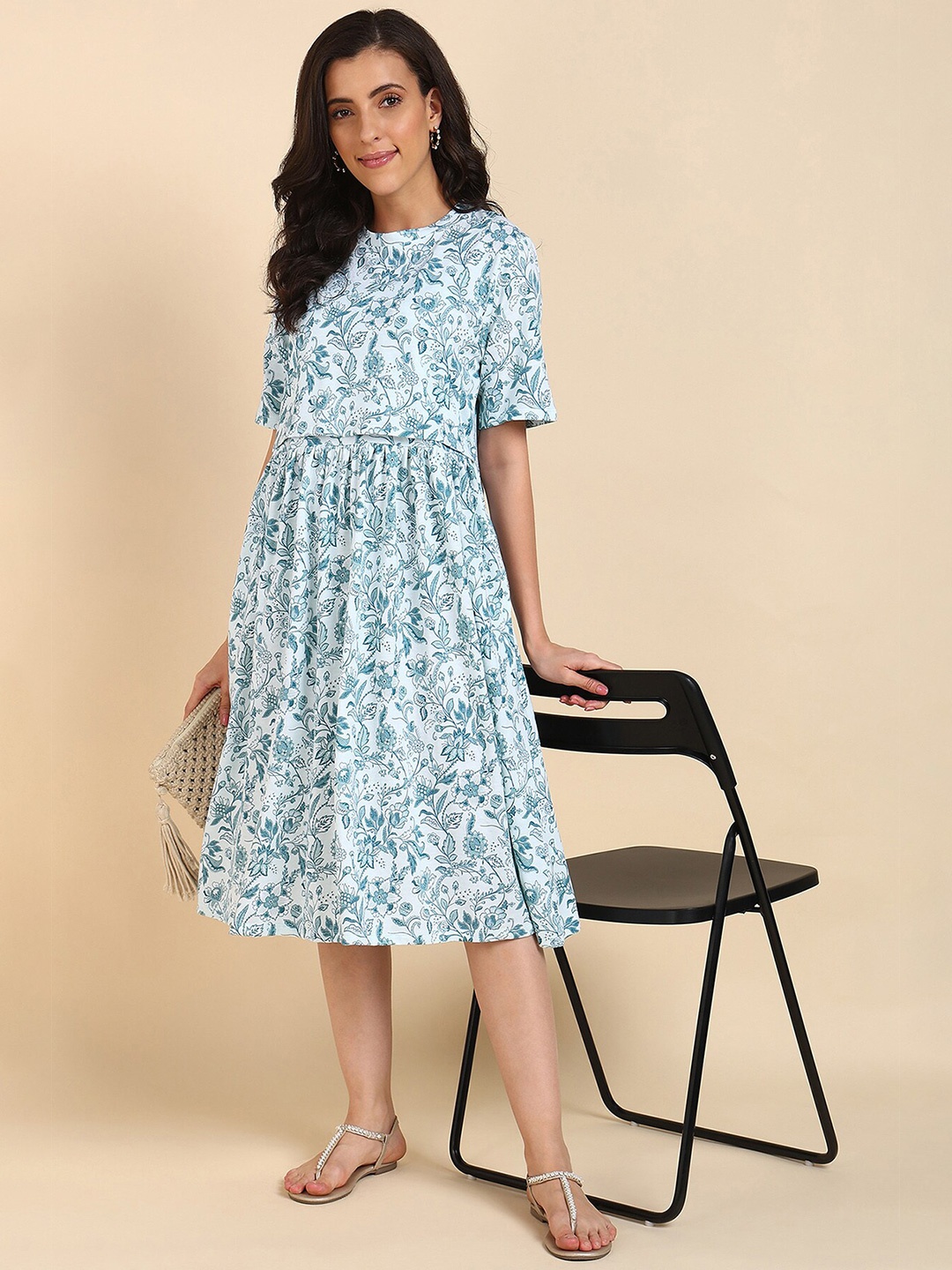 

House Of Zelena Floral Printed Pure Cotton Maternity Fit & Flare Midi Dress, Turquoise blue