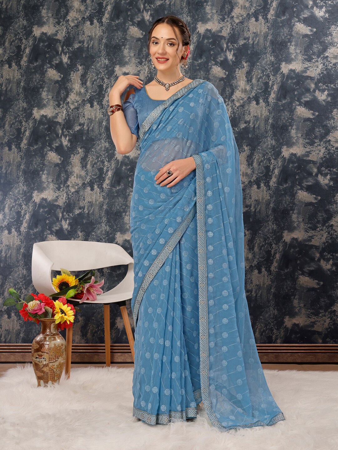 

Mitera Ethnic Motifs Printed Pure Chiffon Saree, Blue