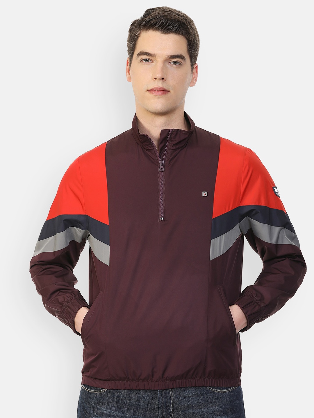 

Louis Philippe Sport Colourblocked Mock Collar Sporty Jacket, Maroon