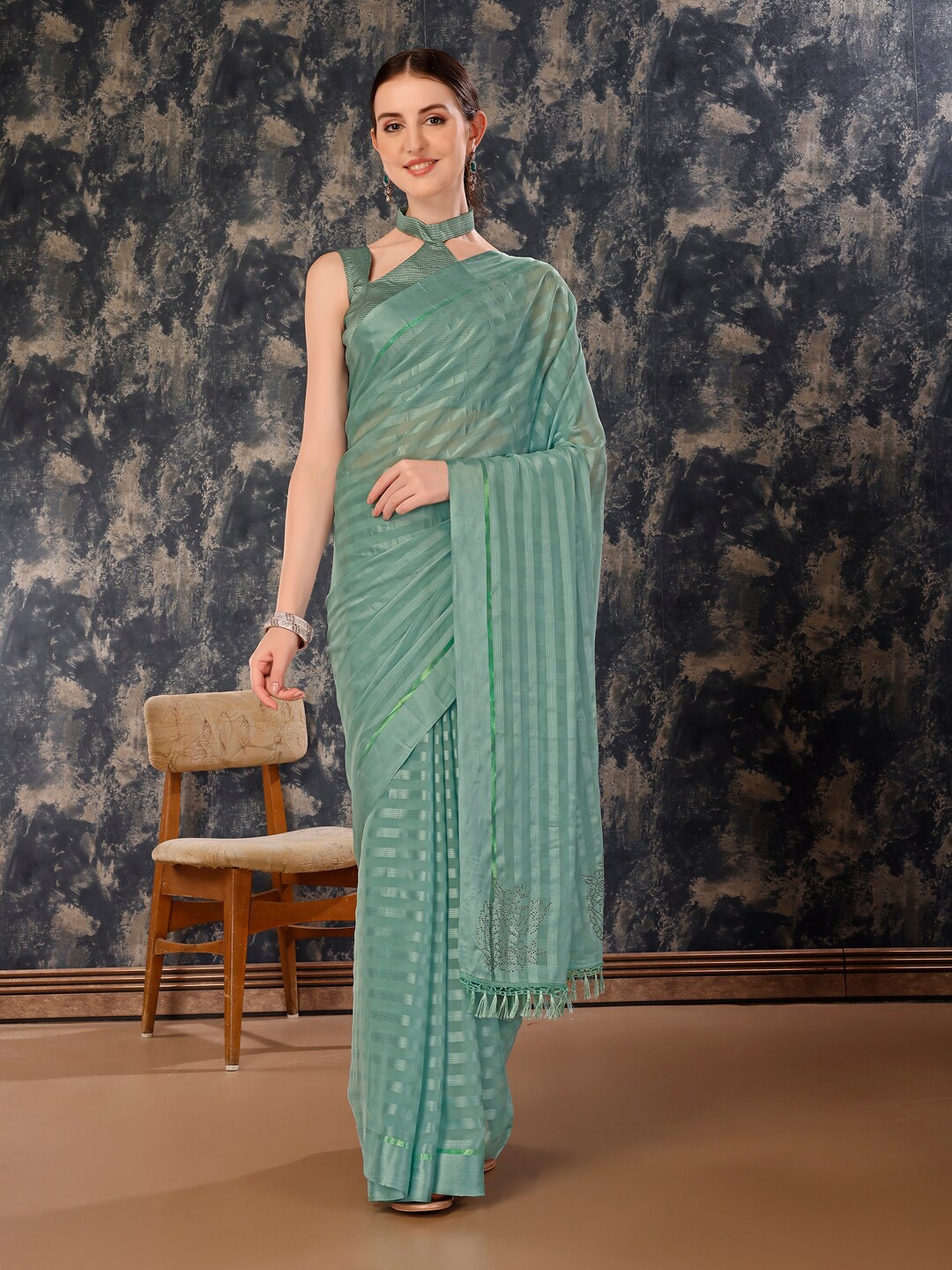 

HERE&NOW Striped Pure Chiffon Saree, Sea green