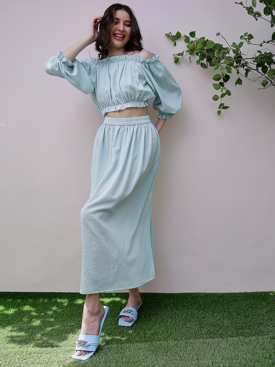 

Athena Blue Self Design Off-Shoulder Puff Sleeves Crop Top With Skirt